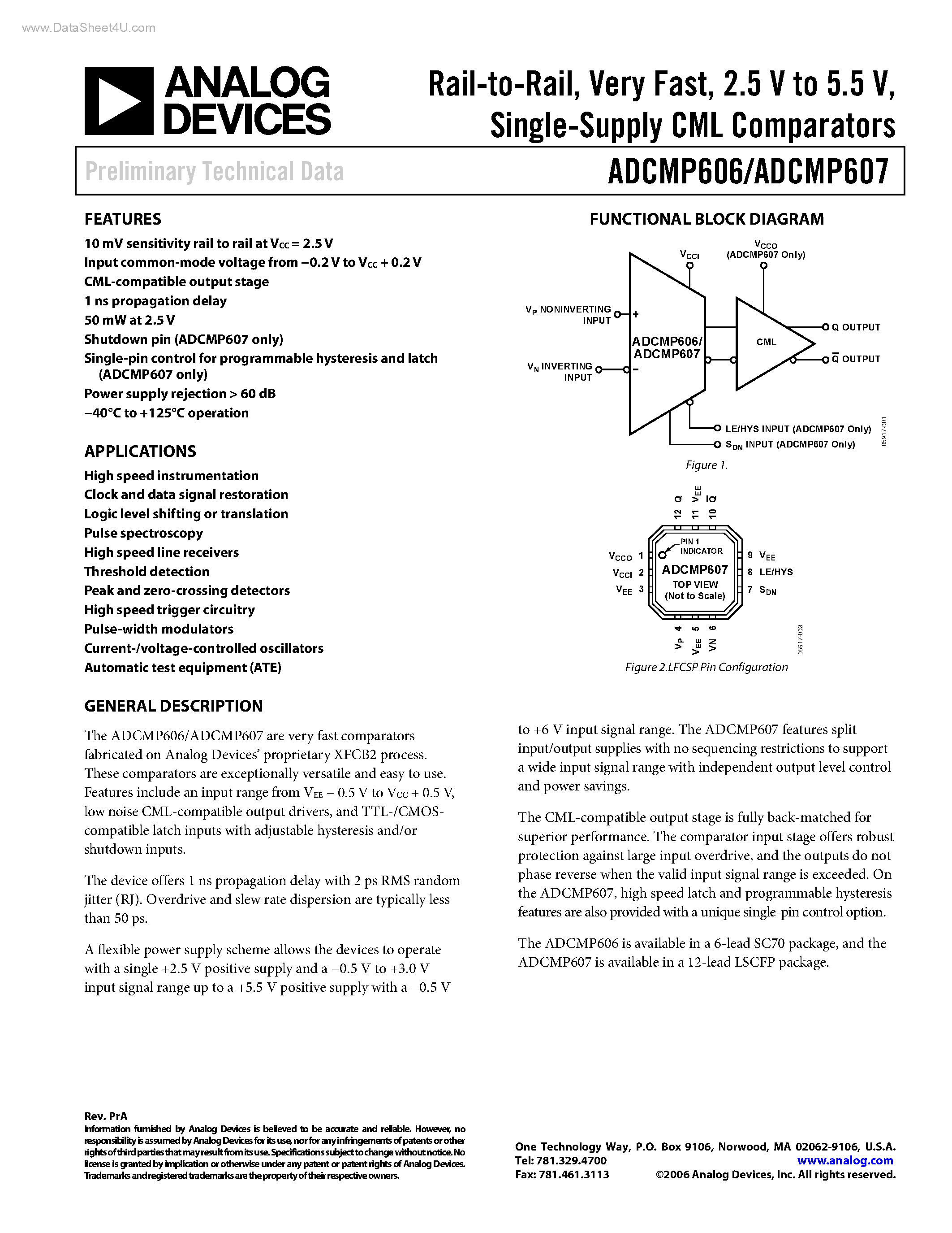 Datasheet ADCMP606 page 1 Datasheet ADCMP606 - (ADCMP606 / ADCMP607) Single-Supply CML Comparators page 1