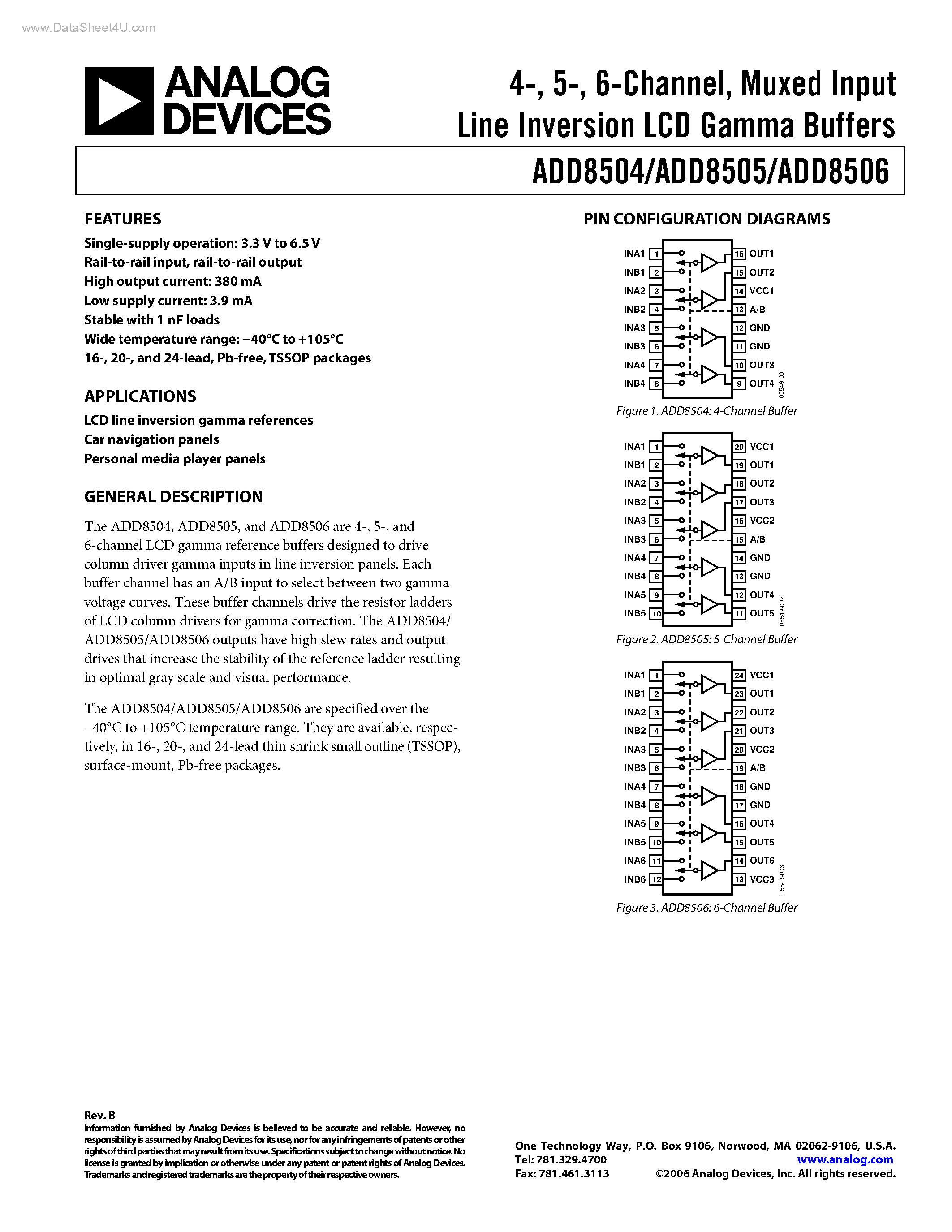 Даташит ADD8504 - (ADD8504 - ADD8506) Muxed Input Line Inversion LCD Gamma Buffers страница 1