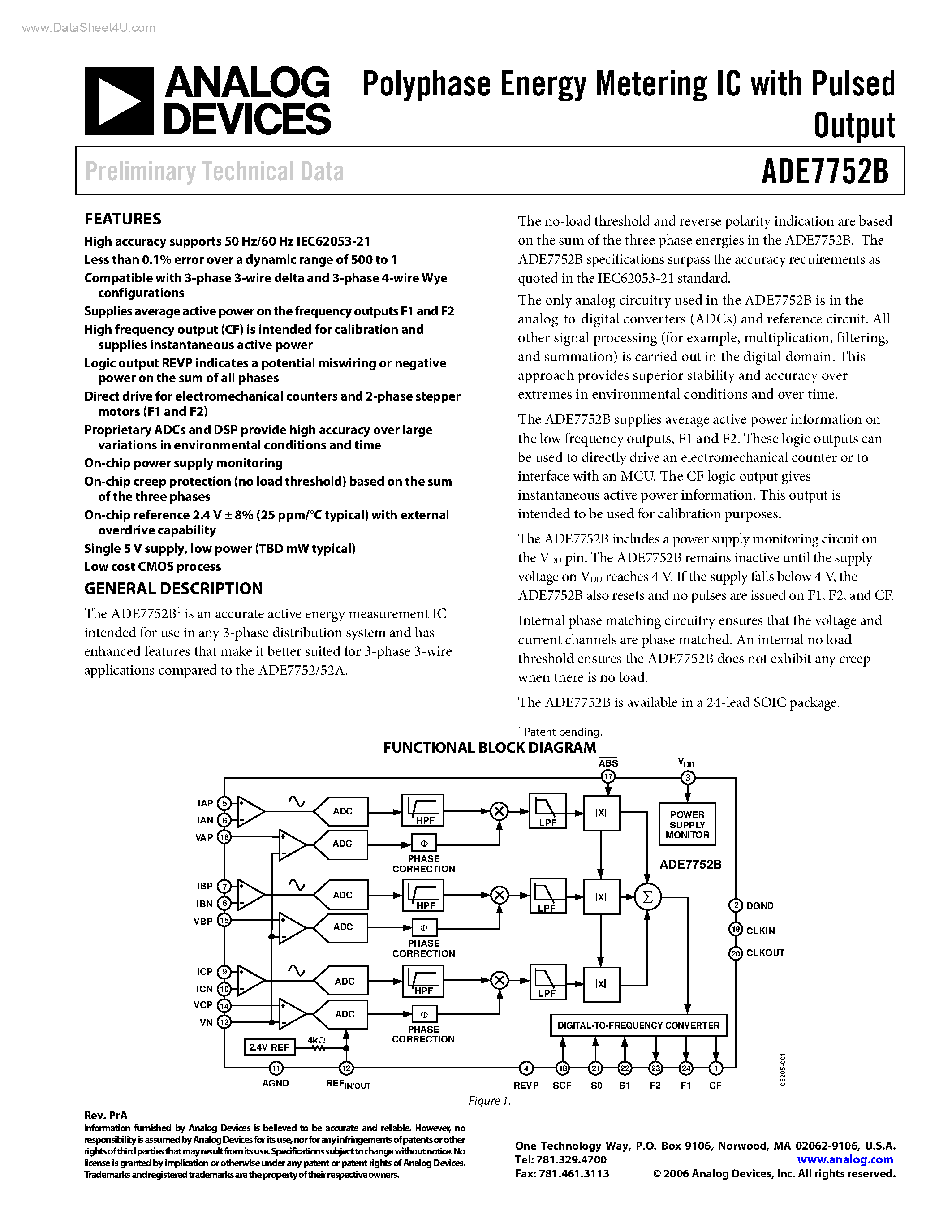 Даташит на микросхему ADE7752B страница 1 Даташит ADE7752B - Polyphase Energy Metering IC страница 1