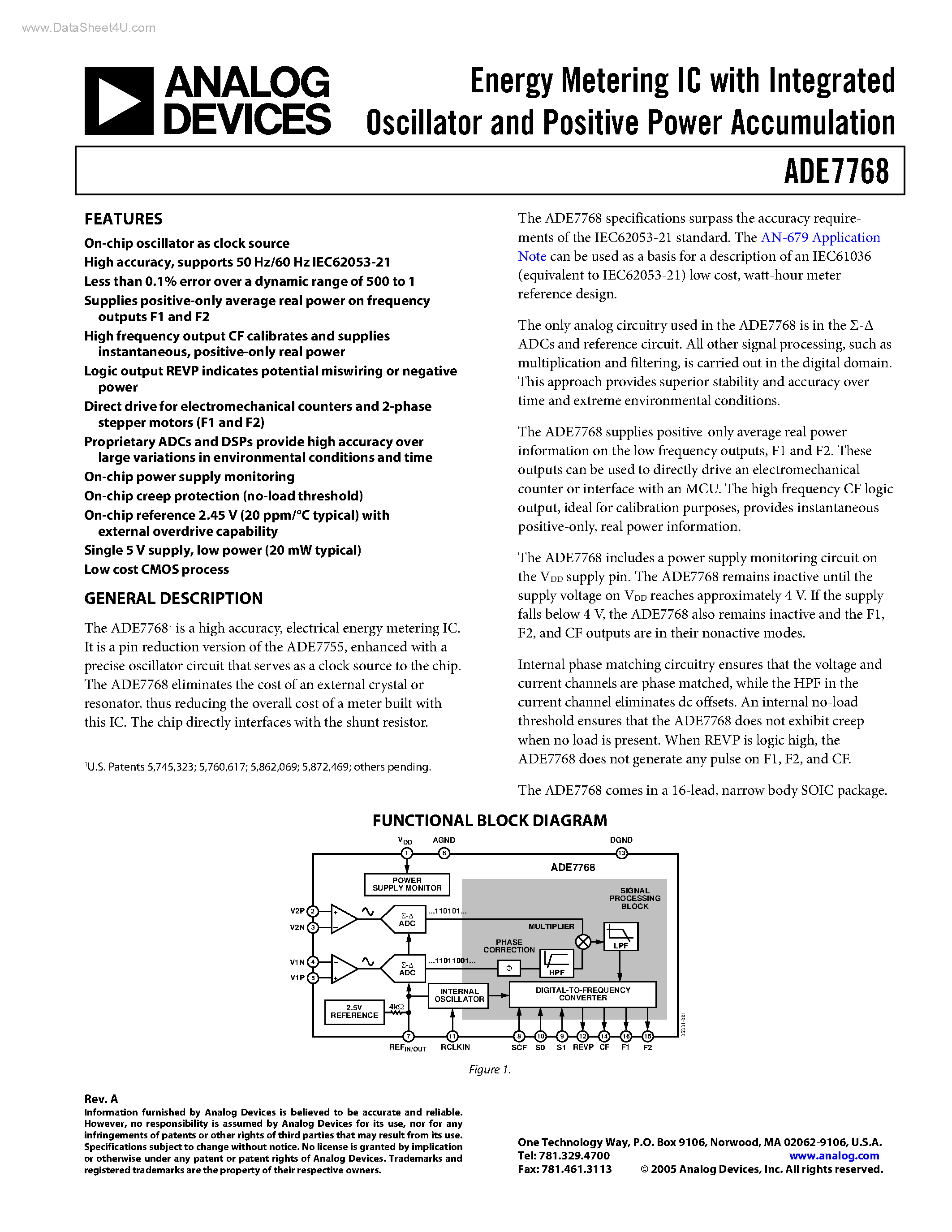 Даташит на микросхему ADE7768 страница 1 Даташит ADE7768 - Energy Metering IC страница 1