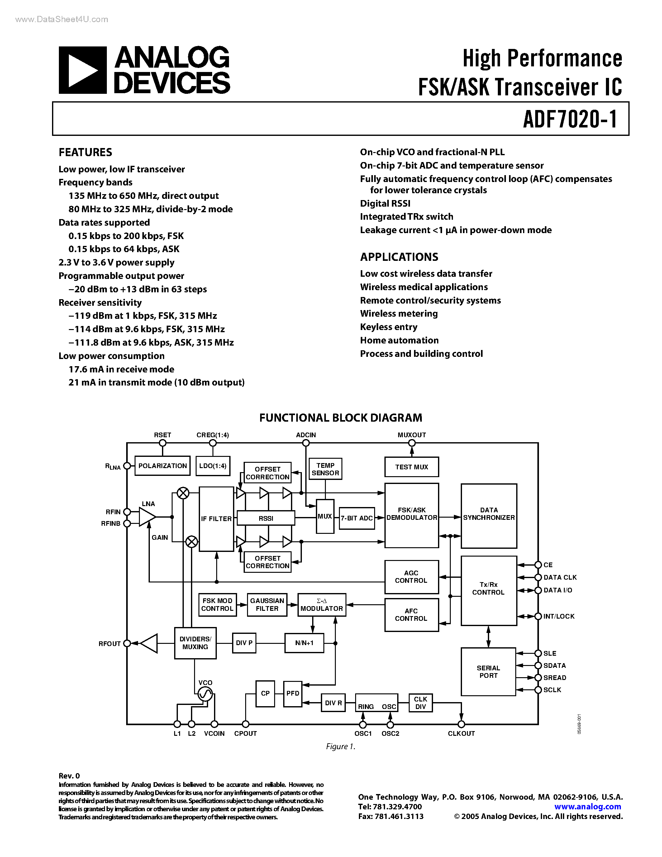 Даташит ADF7020-1 - High Performance FSK/ASK Transceiver IC страница 1