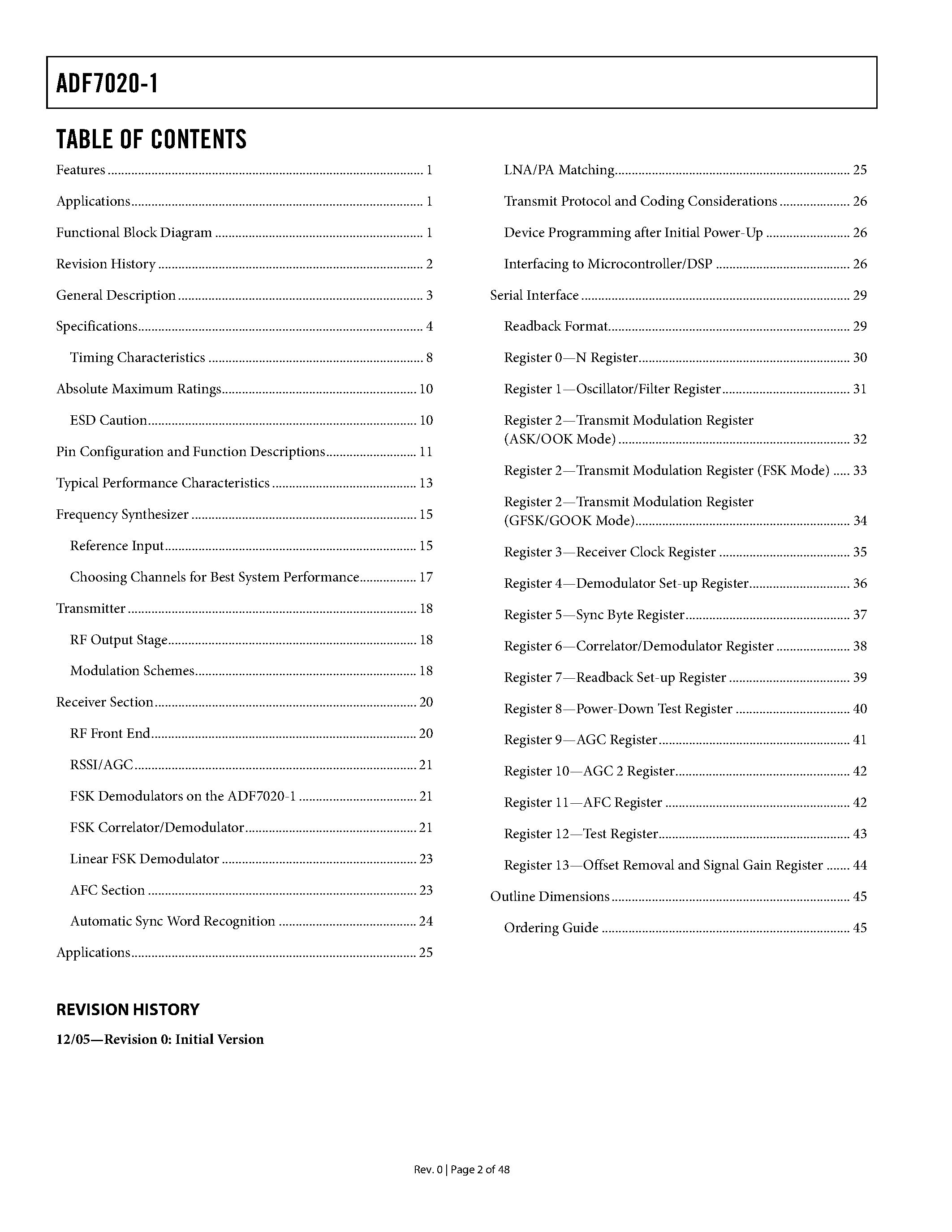 Datasheet ADF7020-1 - High Performance FSK/ASK Transceiver IC page 2
