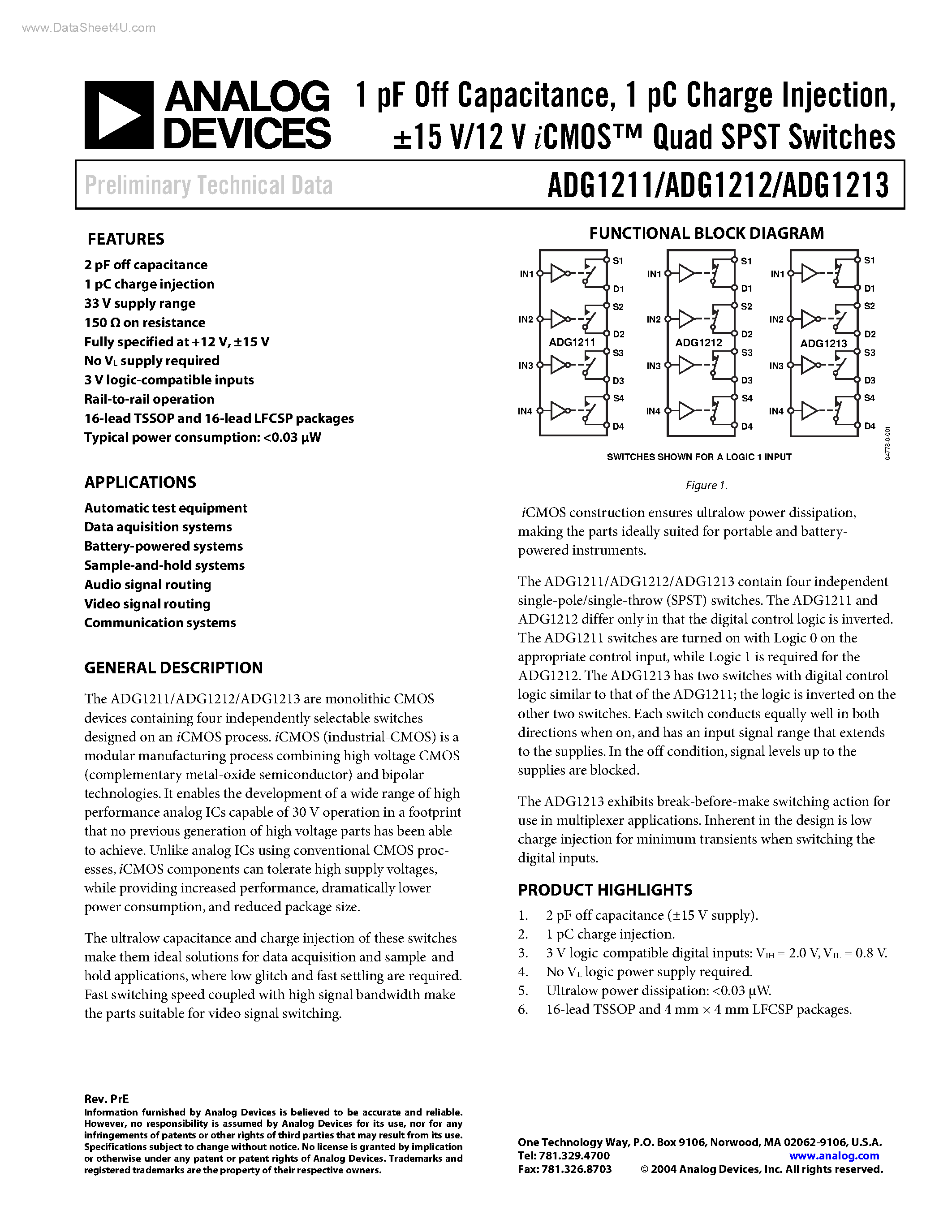 Даташит ADG1211 - (ADG1211 - ADG1213) Quad SPST Switches страница 1