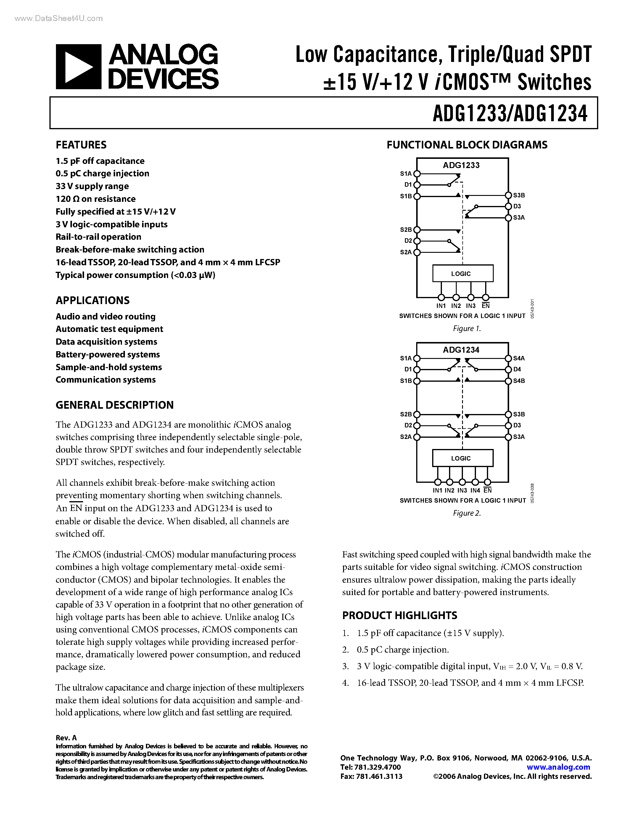 Даташит ADG1233 - (ADG1233 / ADG1234) CMOS Switches страница 1