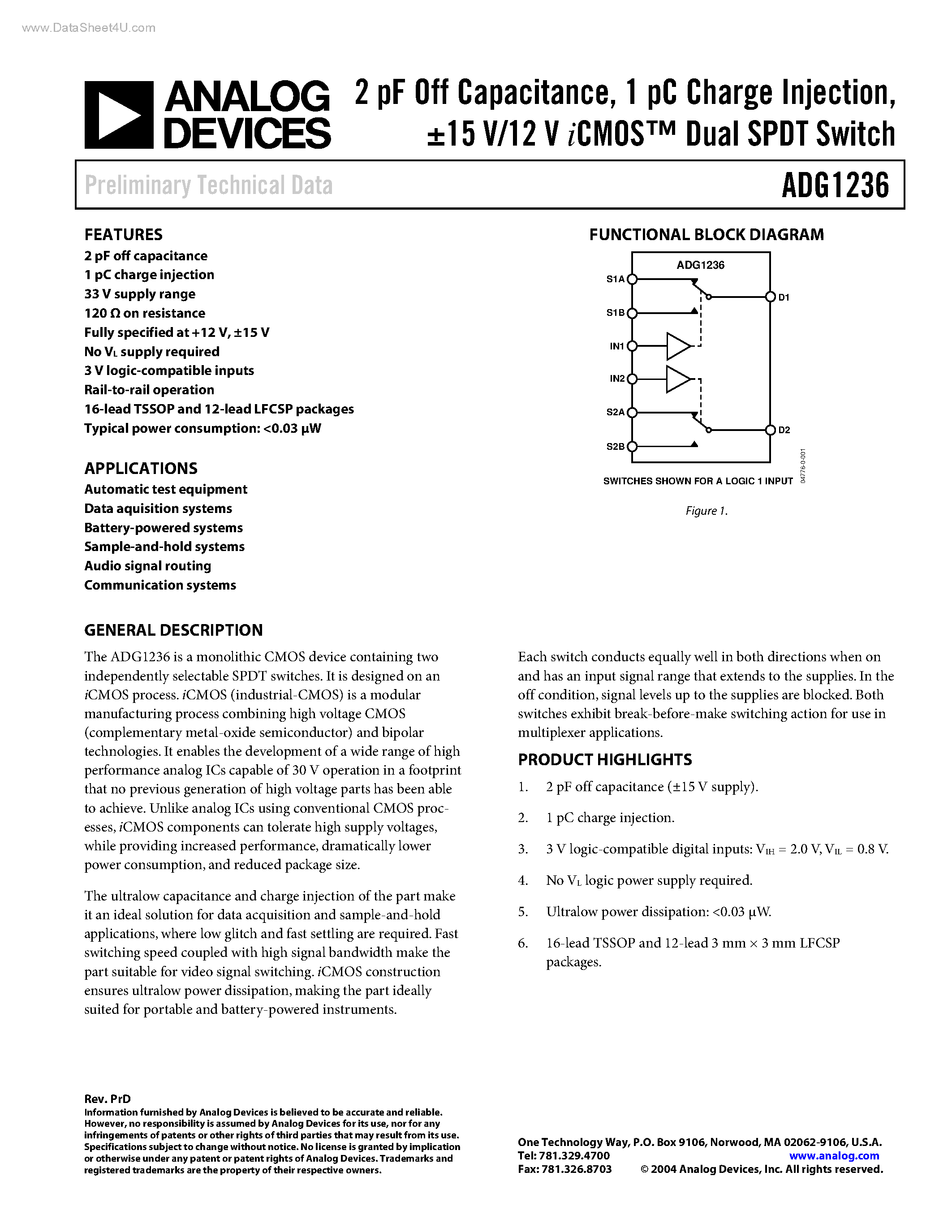 Даташит на микросхему ADG1236 страница 1 Даташит ADG1236 - Dual SPDT Switch страница 1