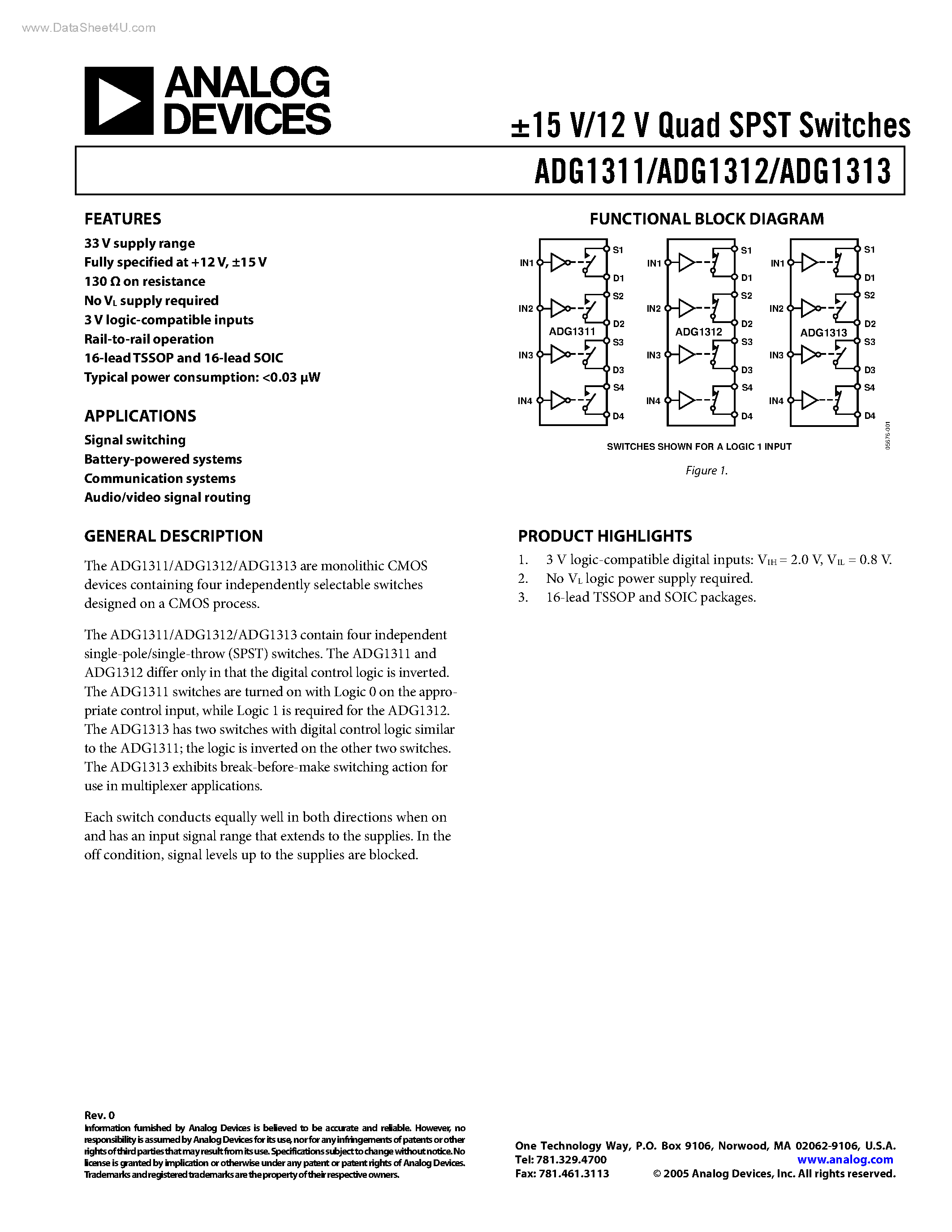 Даташит ADG1311 - (ADG1311 - ADG1313) Quad SPST Switches страница 1