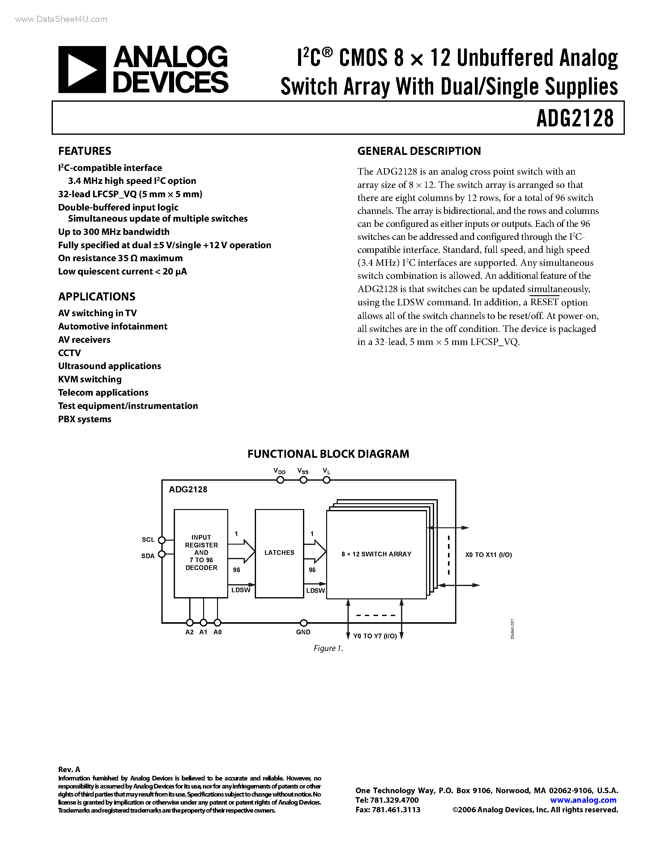 Даташит на микросхему ADG2128 страница 1 Даташит ADG2128 - IC CMOS 8 x 12 Unbuffered Analog Switch Array страница 1
