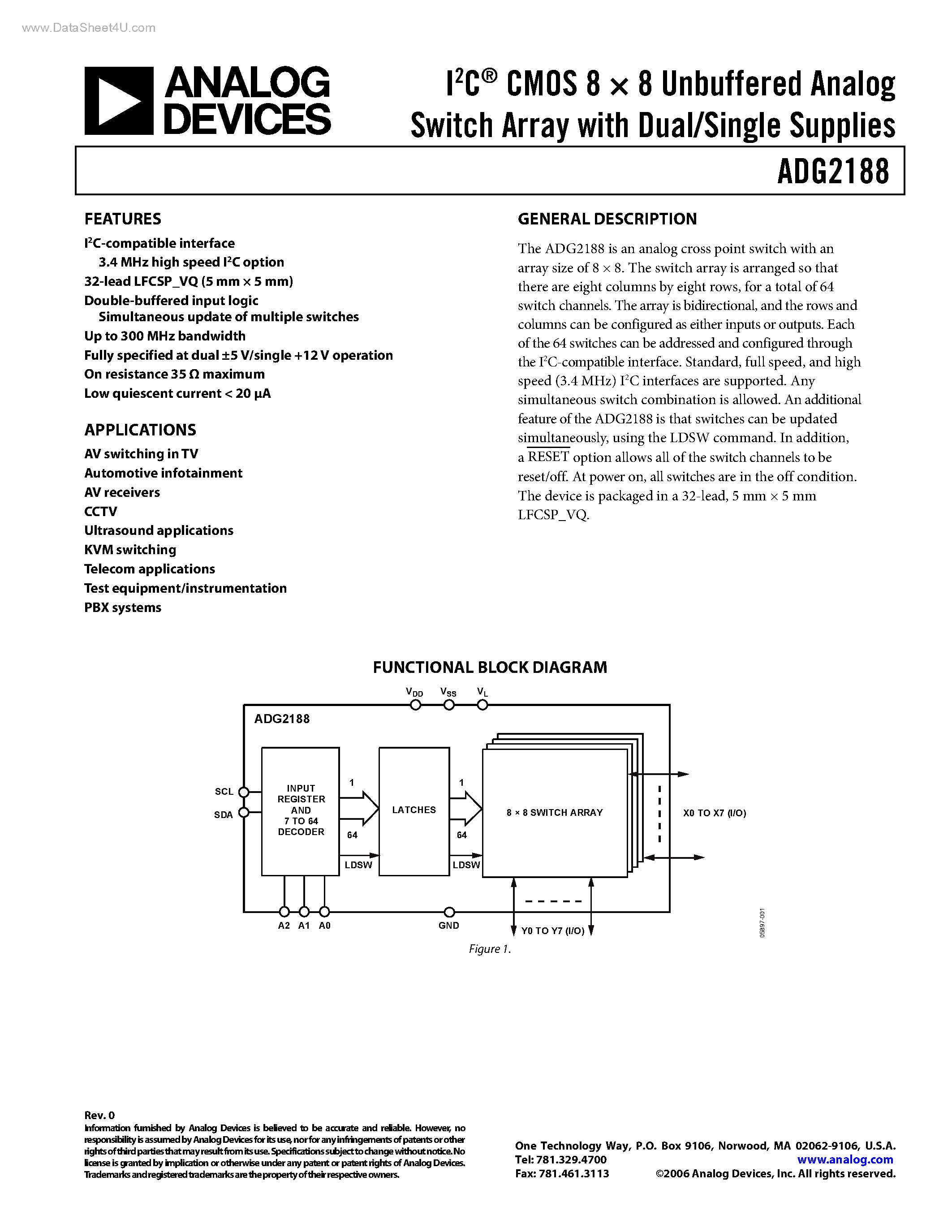 Datasheet ADG2188 - IC CMOS 8 x 8 Unbuffered Analog Switch Array page 1