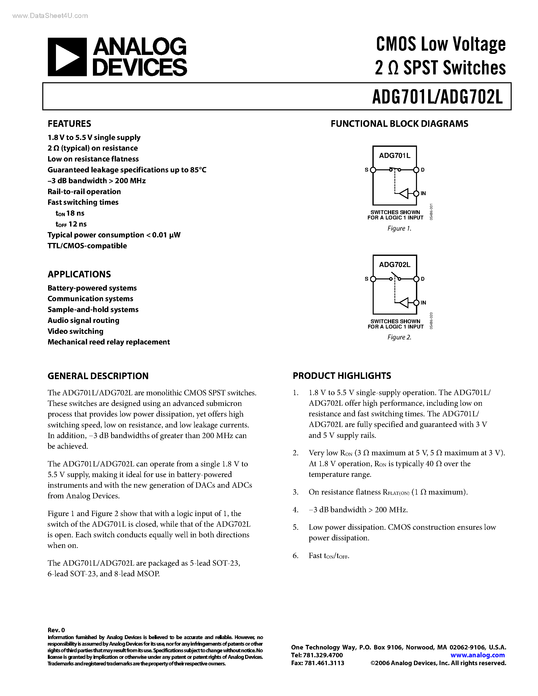 Datasheet ADG701L - (ADG701L / ADG702L) CMOS Low Voltage 2 OHM SPST Switches page 1