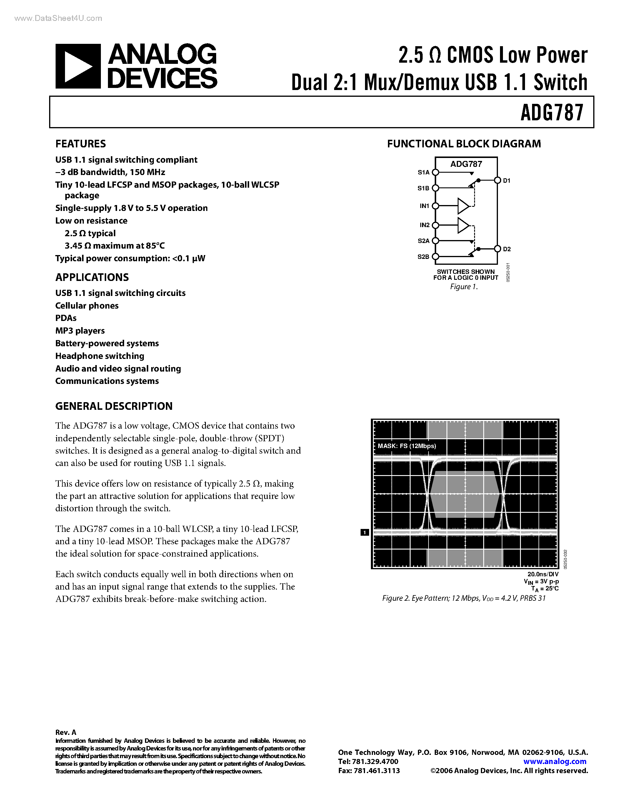 Datasheet ADG787 - 2.5 OHM CMOS Low Power Dual 2:1 Mux/Demux USB 1.1 Switch page 1