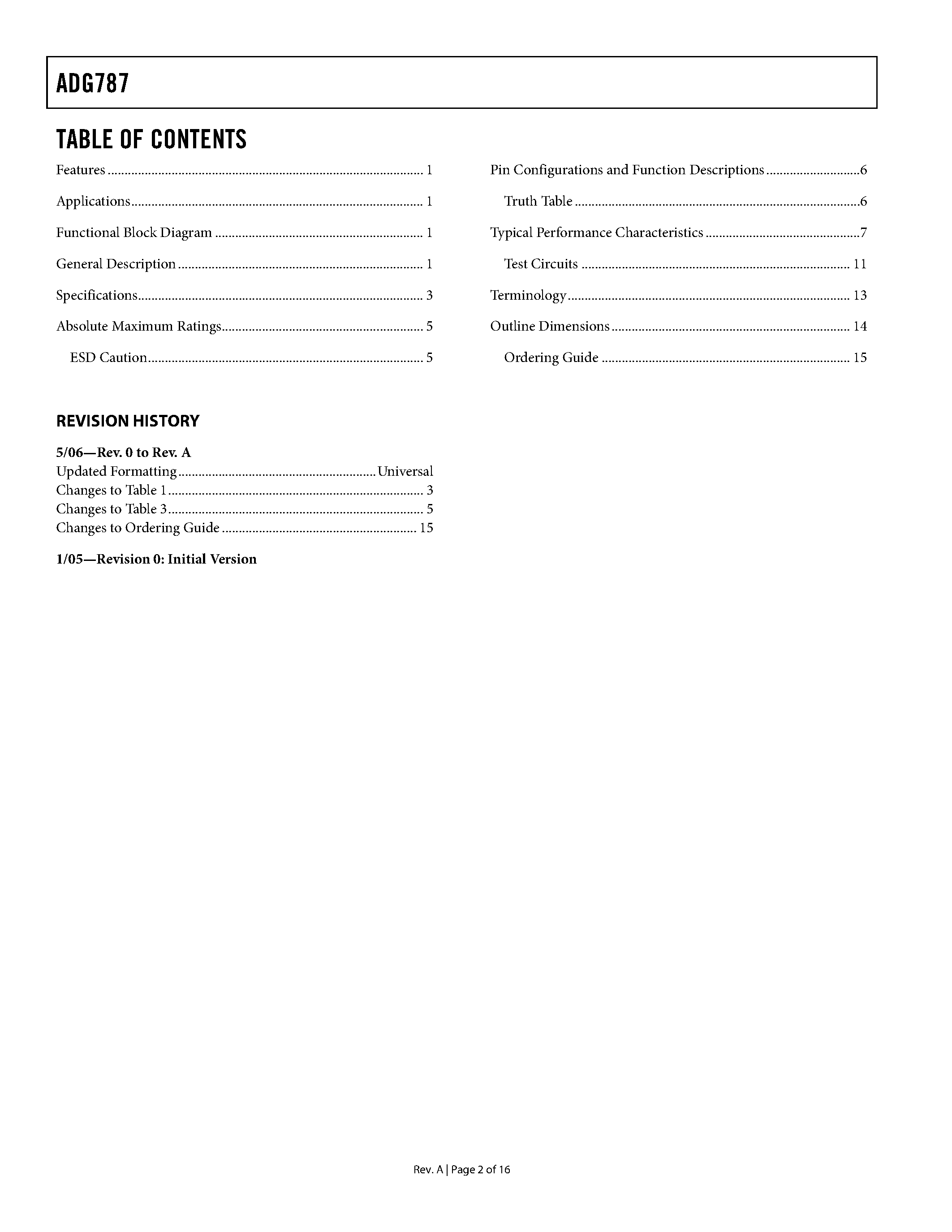 Datasheet ADG787 - 2.5 OHM CMOS Low Power Dual 2:1 Mux/Demux USB 1.1 Switch page 2