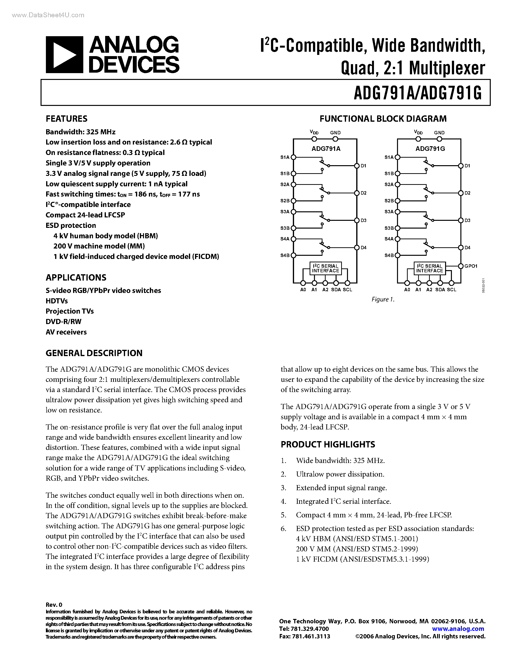 Даташит ADG791A - (ADG791A / ADG791G) 2:1 Multiplexer страница 1