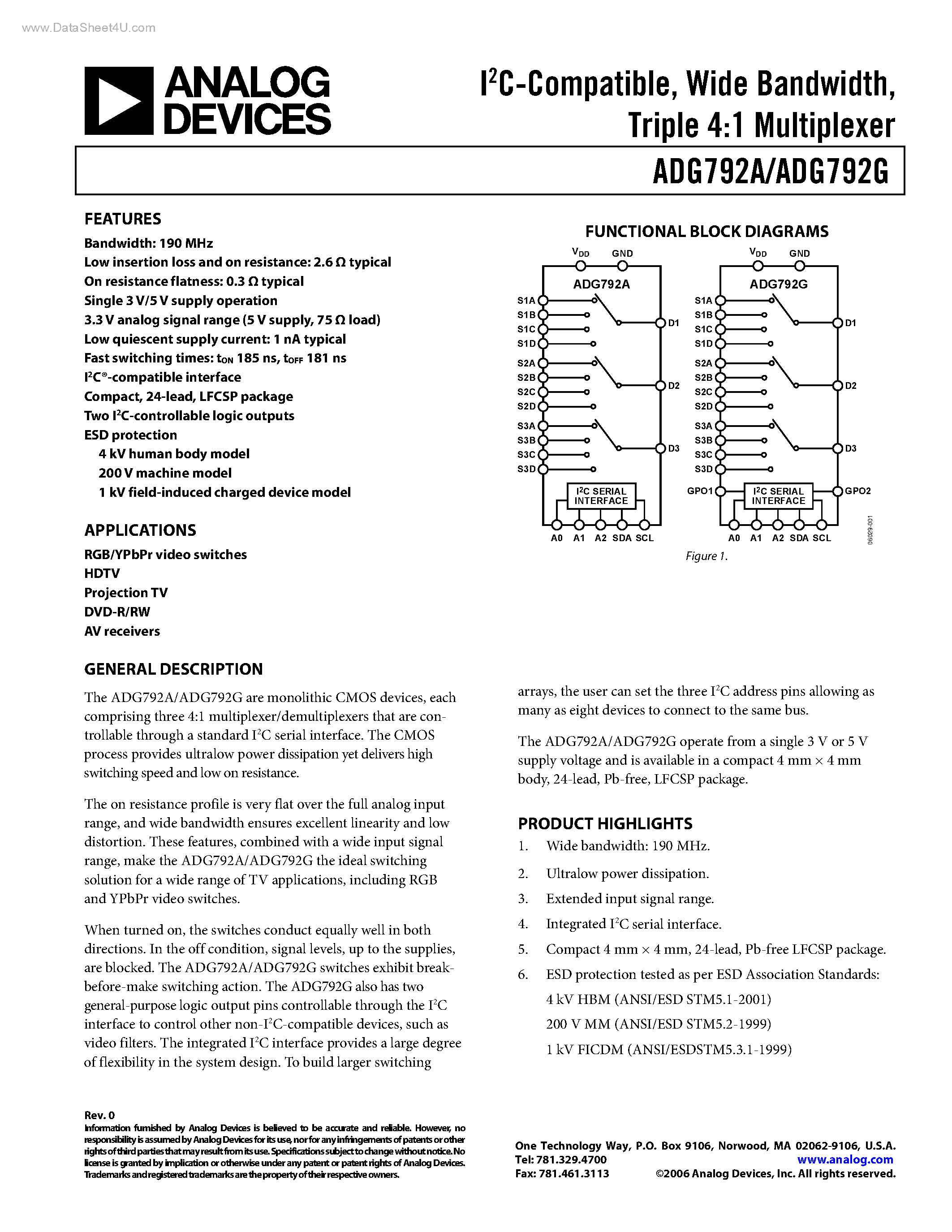 Datasheet ADG792A - (ADG792A / ADG792G) Triple 4:1 Multiplexer page 1