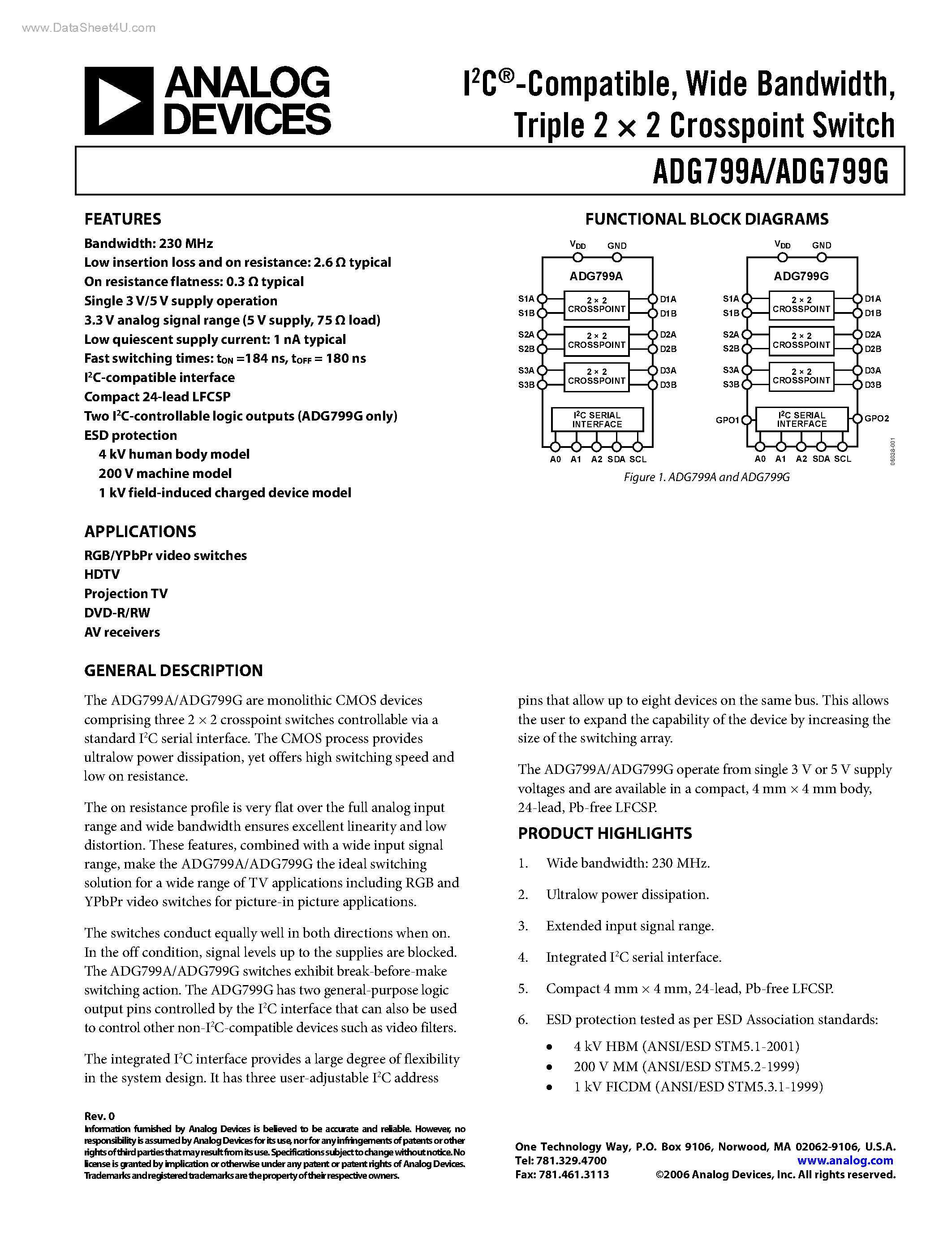 Datasheet ADG799A - (ADG799A / ADG799G) Triple 2 x 2 Crosspoint Switch page 1