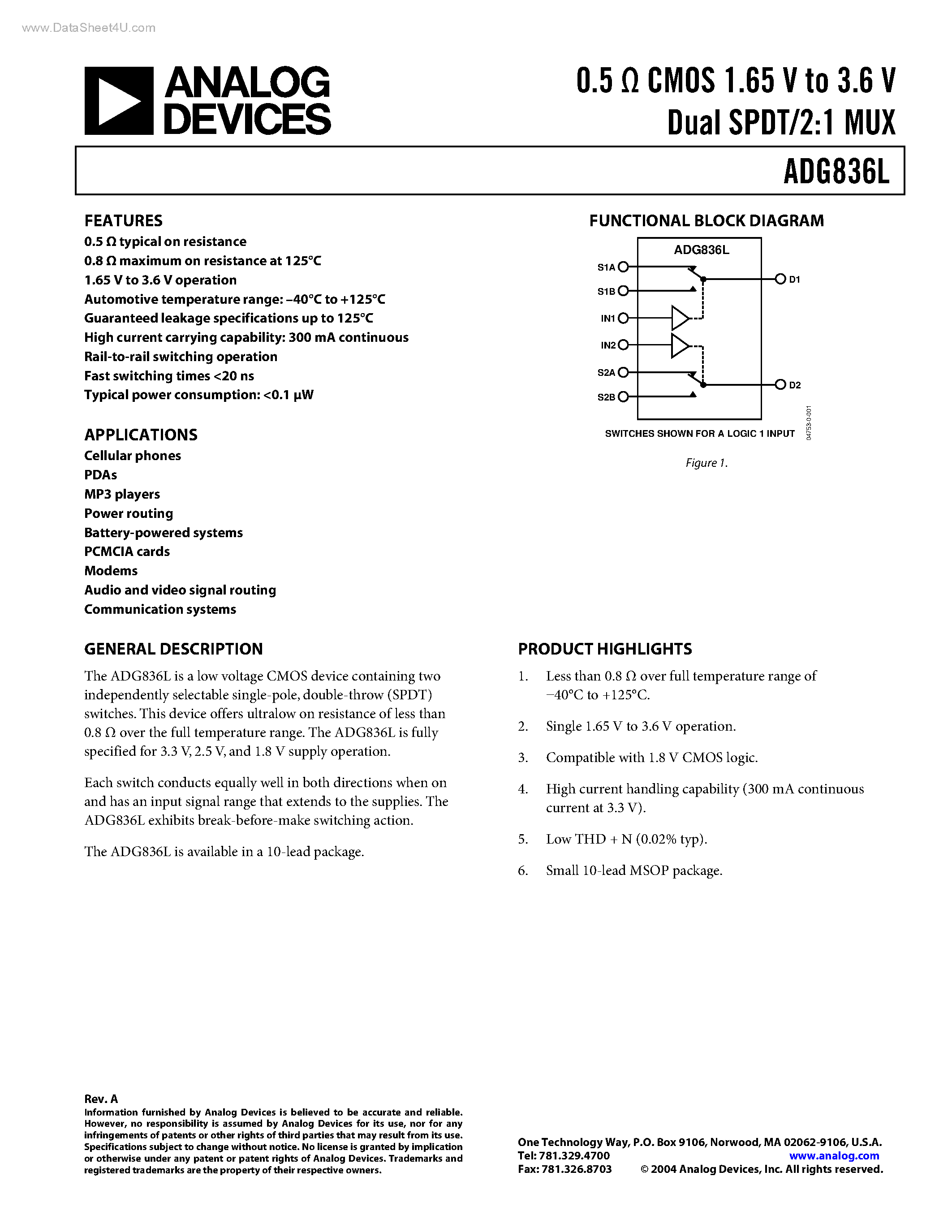 Datasheet ADG836L - 0.5 OHM CMOS 1.65 V to 3.6 V Dual SPDT/2:1 MUX page 1