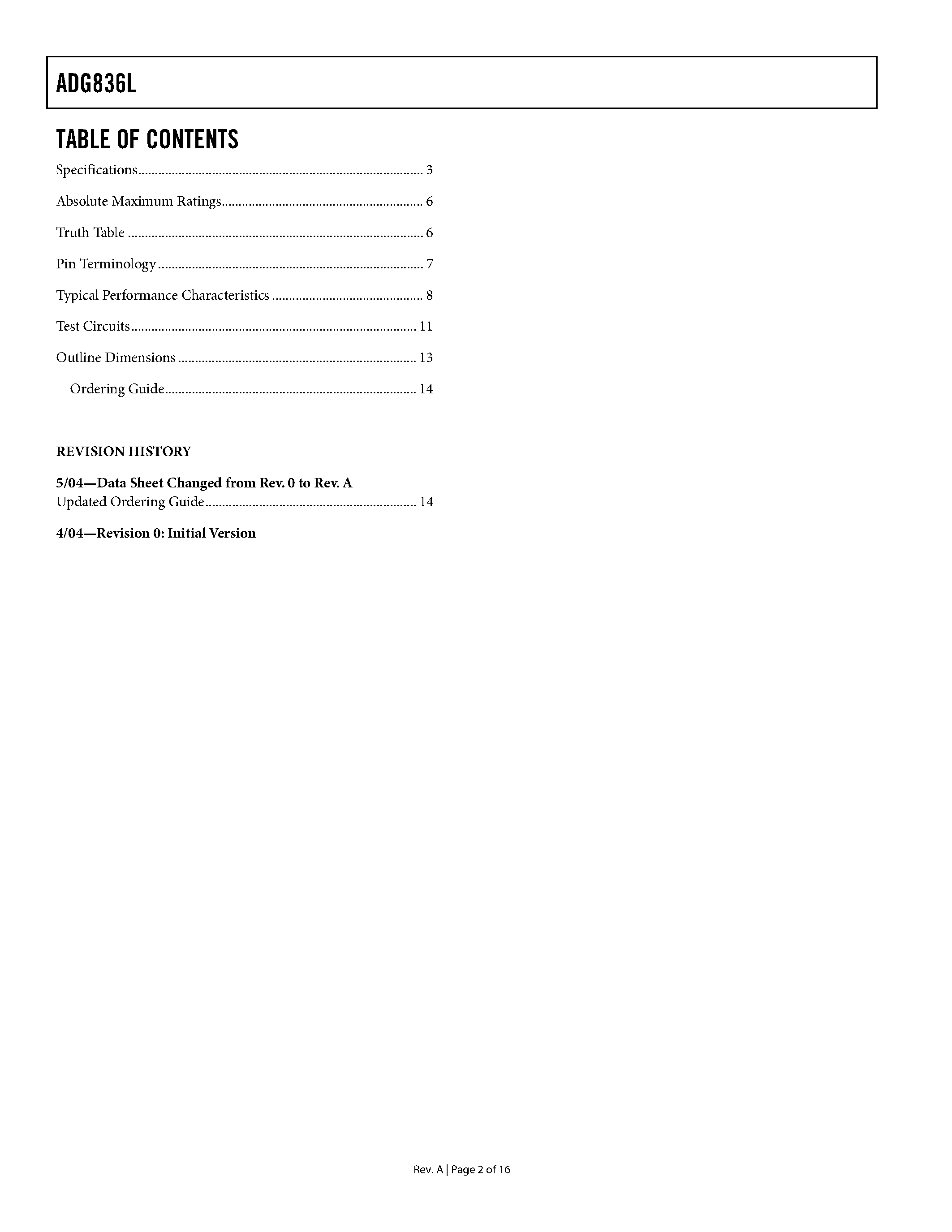 Datasheet ADG836L - 0.5 OHM CMOS 1.65 V to 3.6 V Dual SPDT/2:1 MUX page 2
