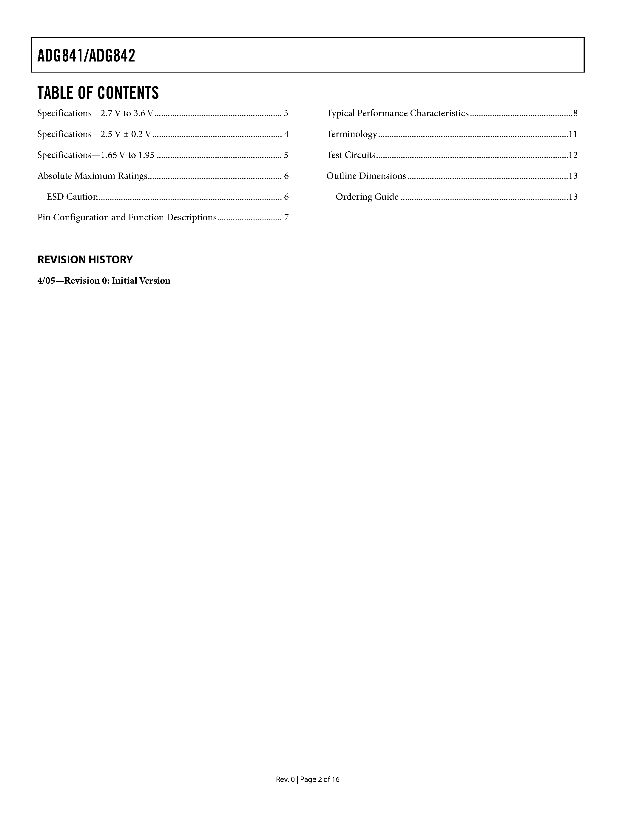 Даташит ADG841 - (ADG841 / ADG842) 0.28 OHM CMOS 1.65 V to 3.6 V Single SPST Switches страница 2
