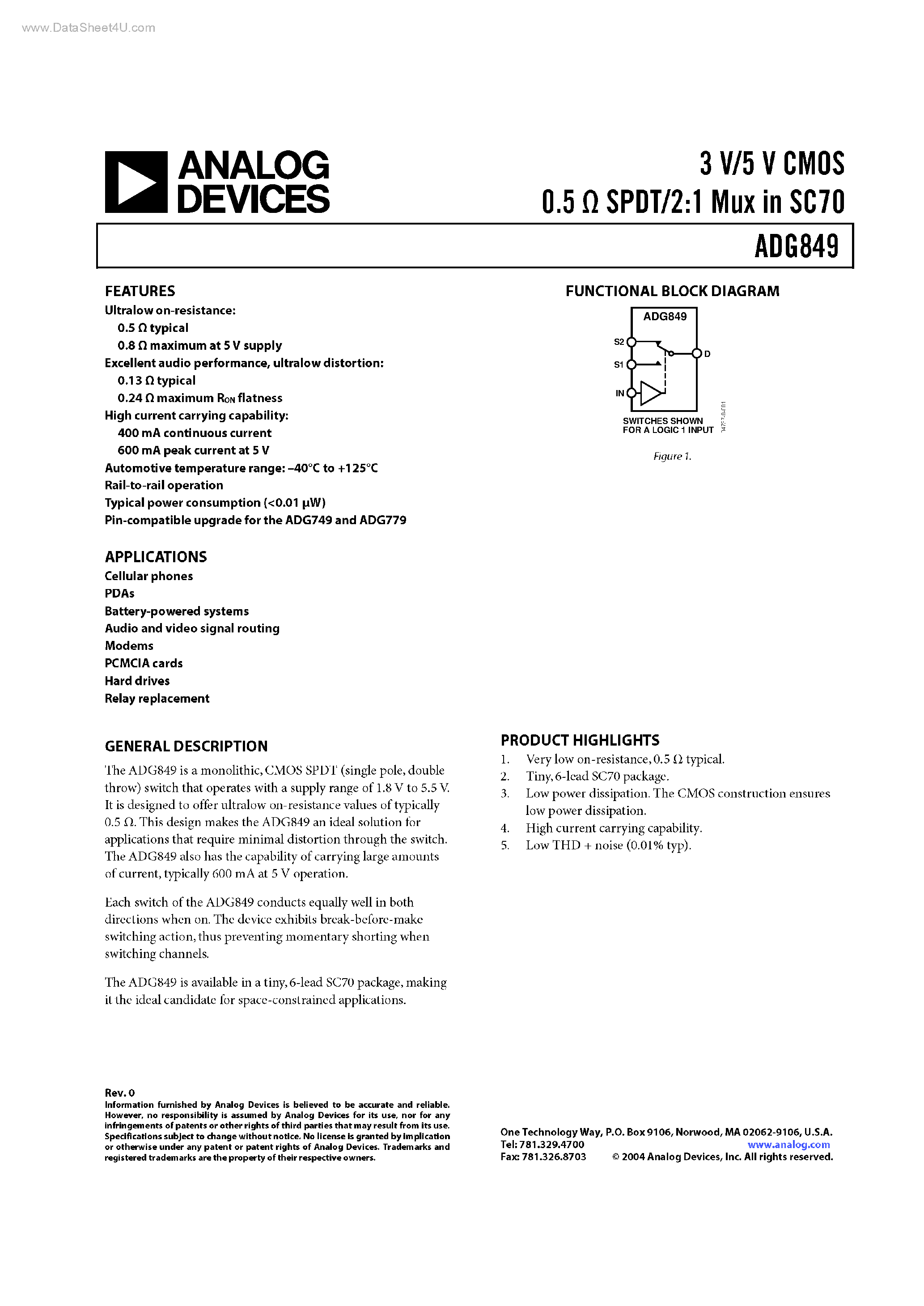 Datasheet ADG849 - 3 V/5 V CMOS 0.5 Ohm SPDT/2:1 Mux page 1