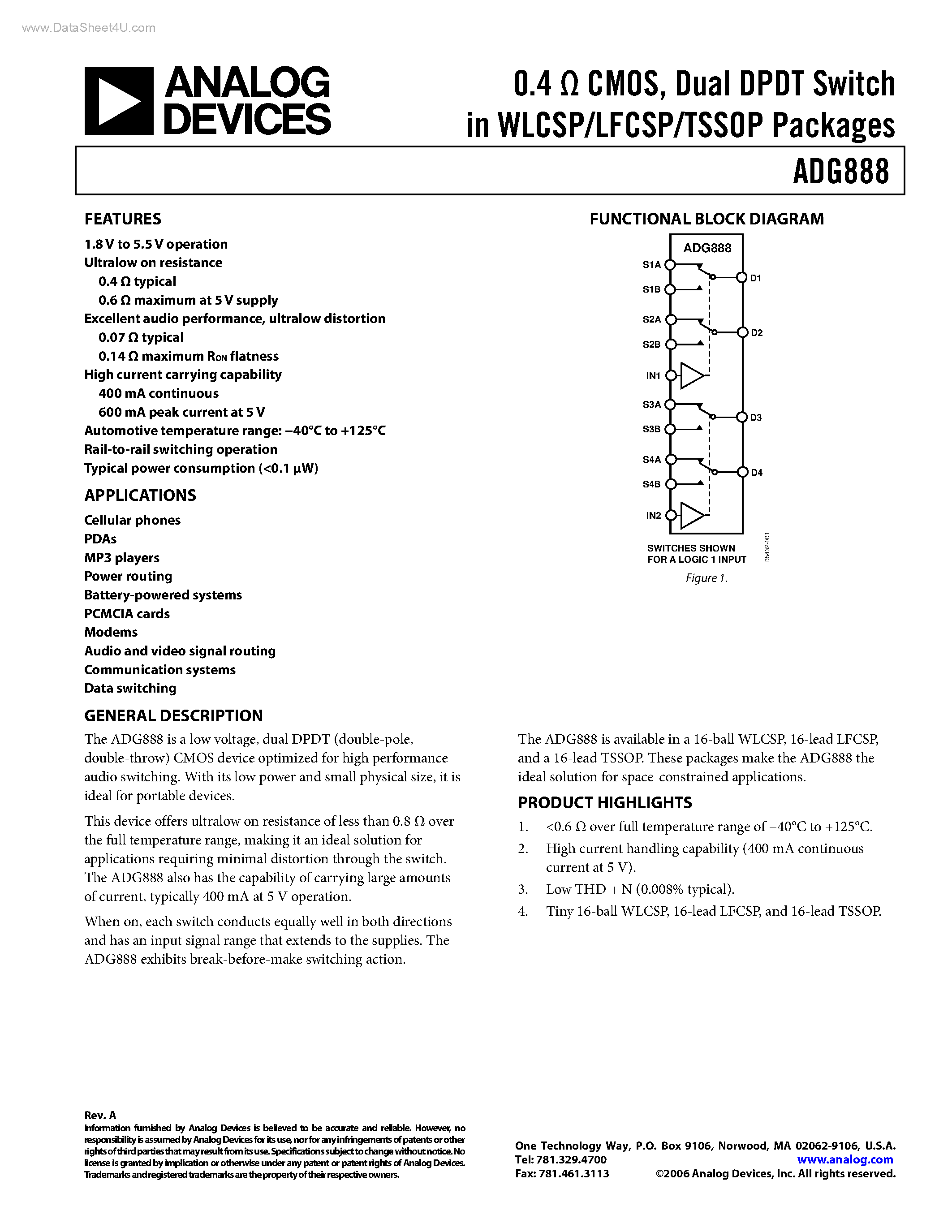 Даташит на микросхему ADG888 страница 1 Даташит ADG888 - Dual DPDT Switch страница 1