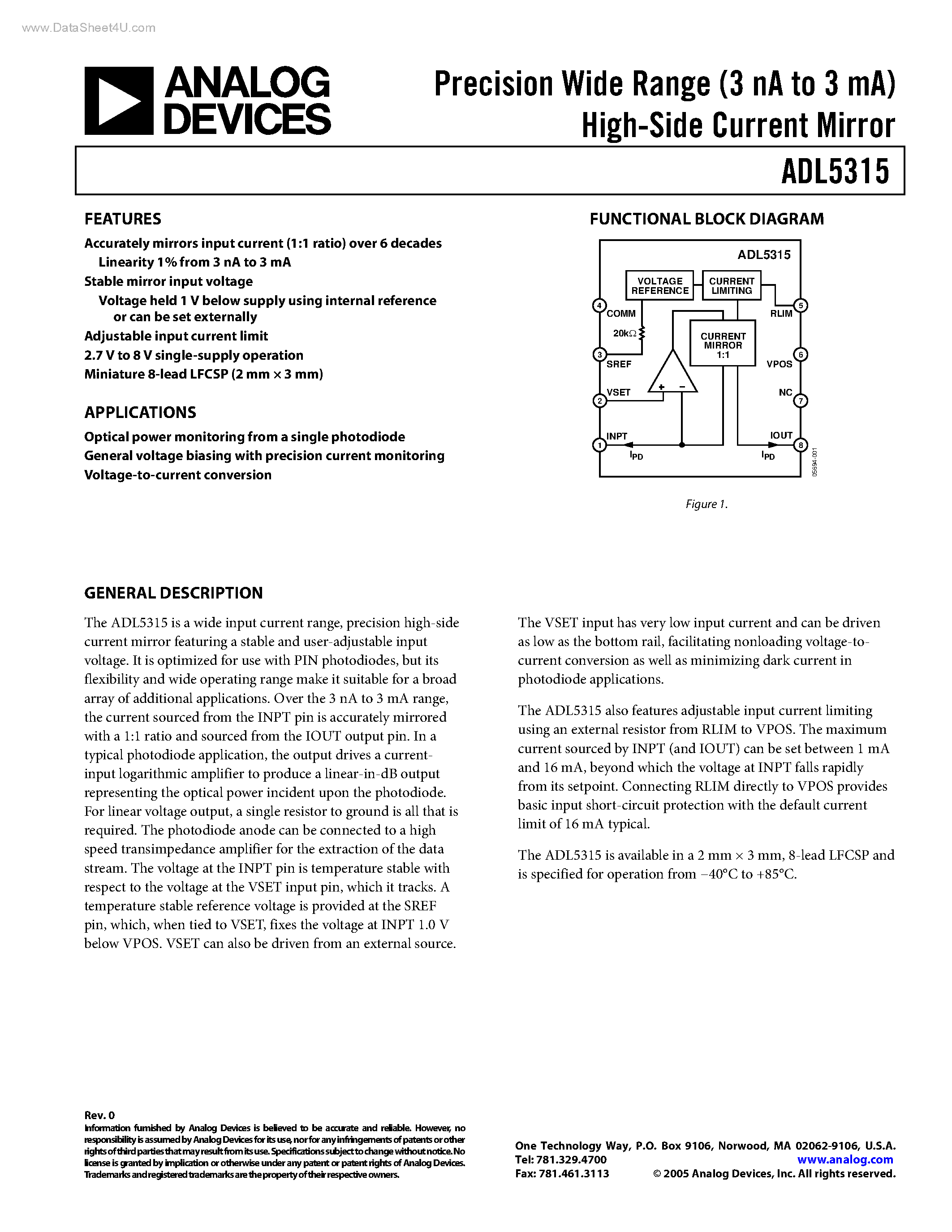 Datasheet ADL5315 - Precision Wide Range (3 nA to 3 mA) High-Side Current Mirror page 1
