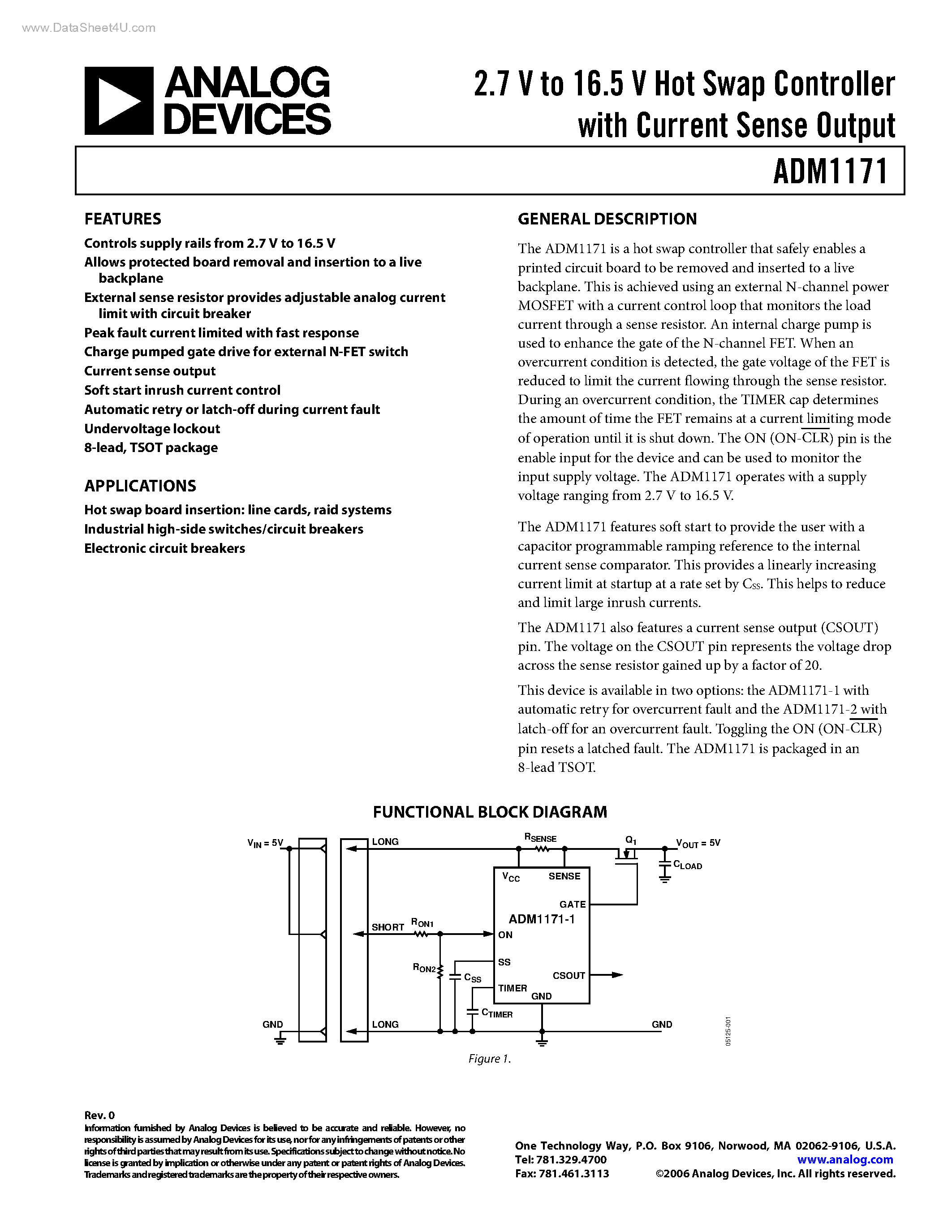 Datasheet ADM1171 page 1 Datasheet ADM1171 - Hot Swap Controller page 1
