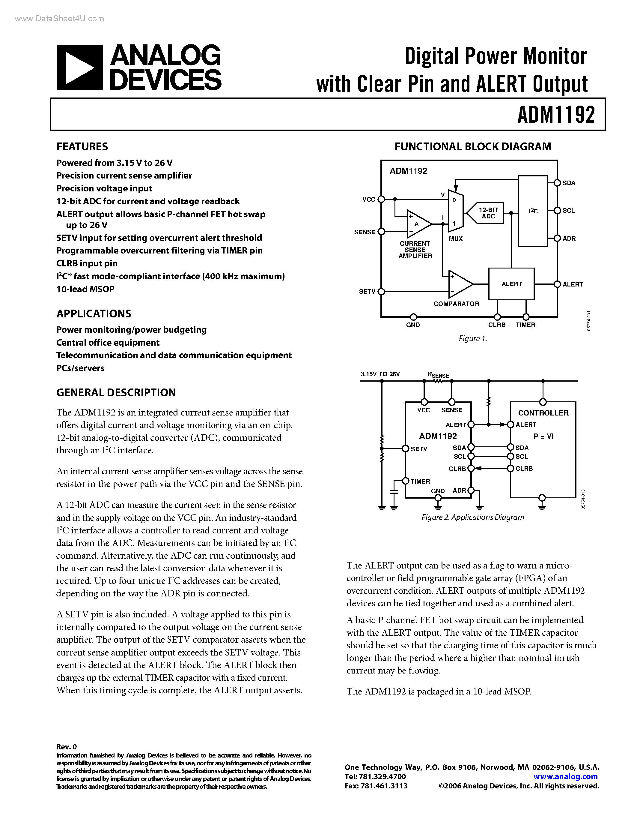 Datasheet ADM1192 page 1 Datasheet ADM1192 - Digital Power Monitor page 1