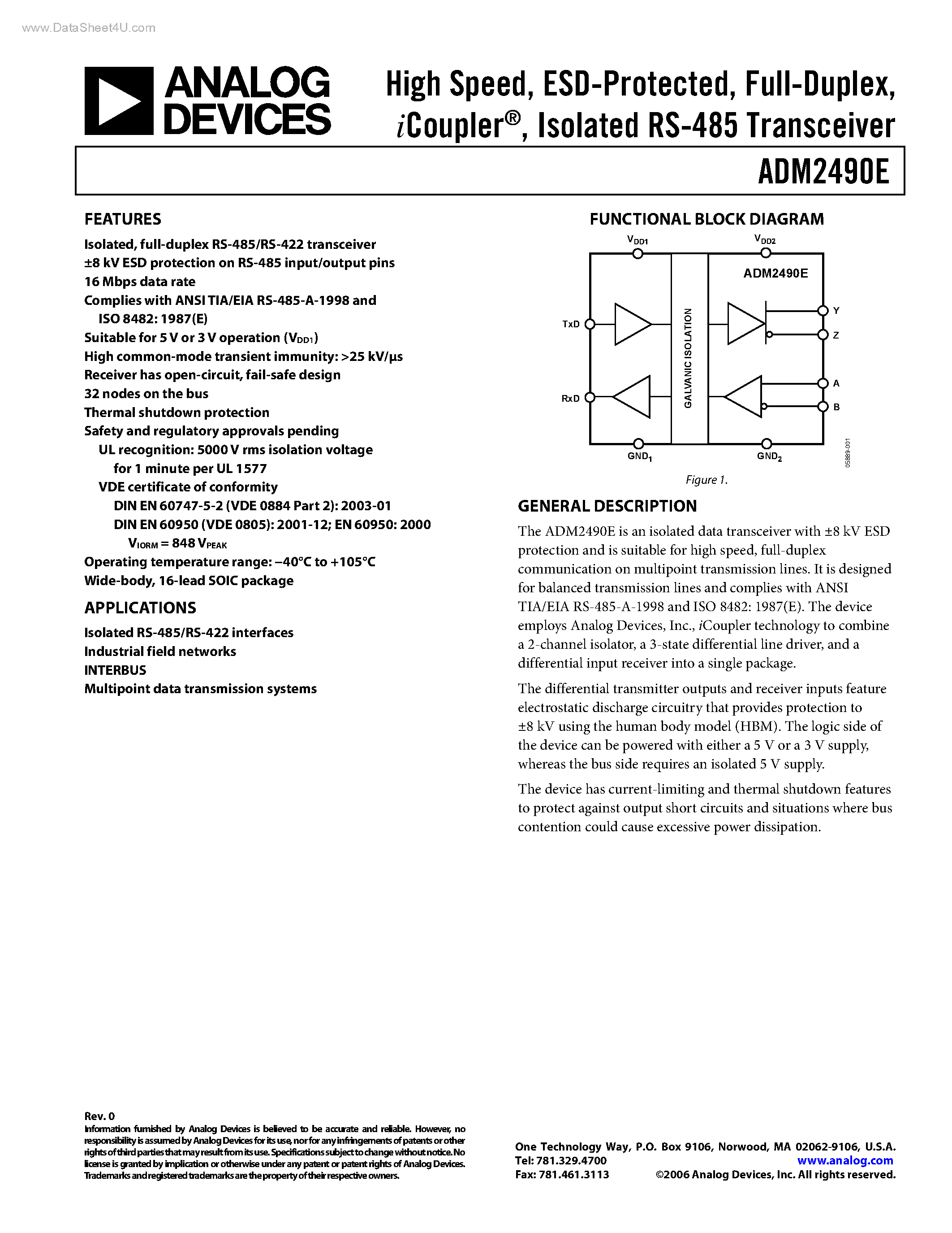 Datasheet ADM2490E - Isolated RS-485 Transceiver page 1