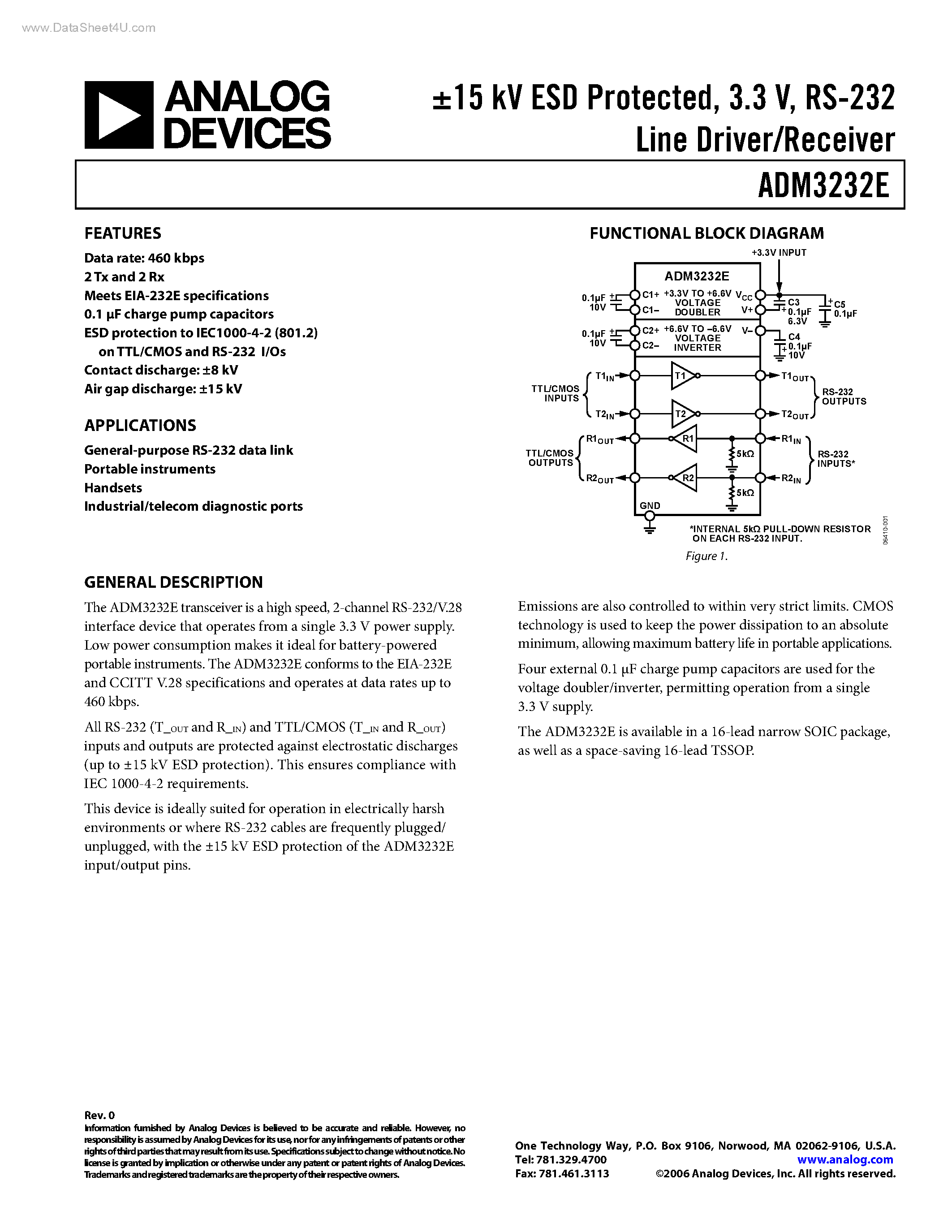 Datasheet ADM3232E page 1 Datasheet ADM3232E - RS-232 Line Driver/Receiver page 1