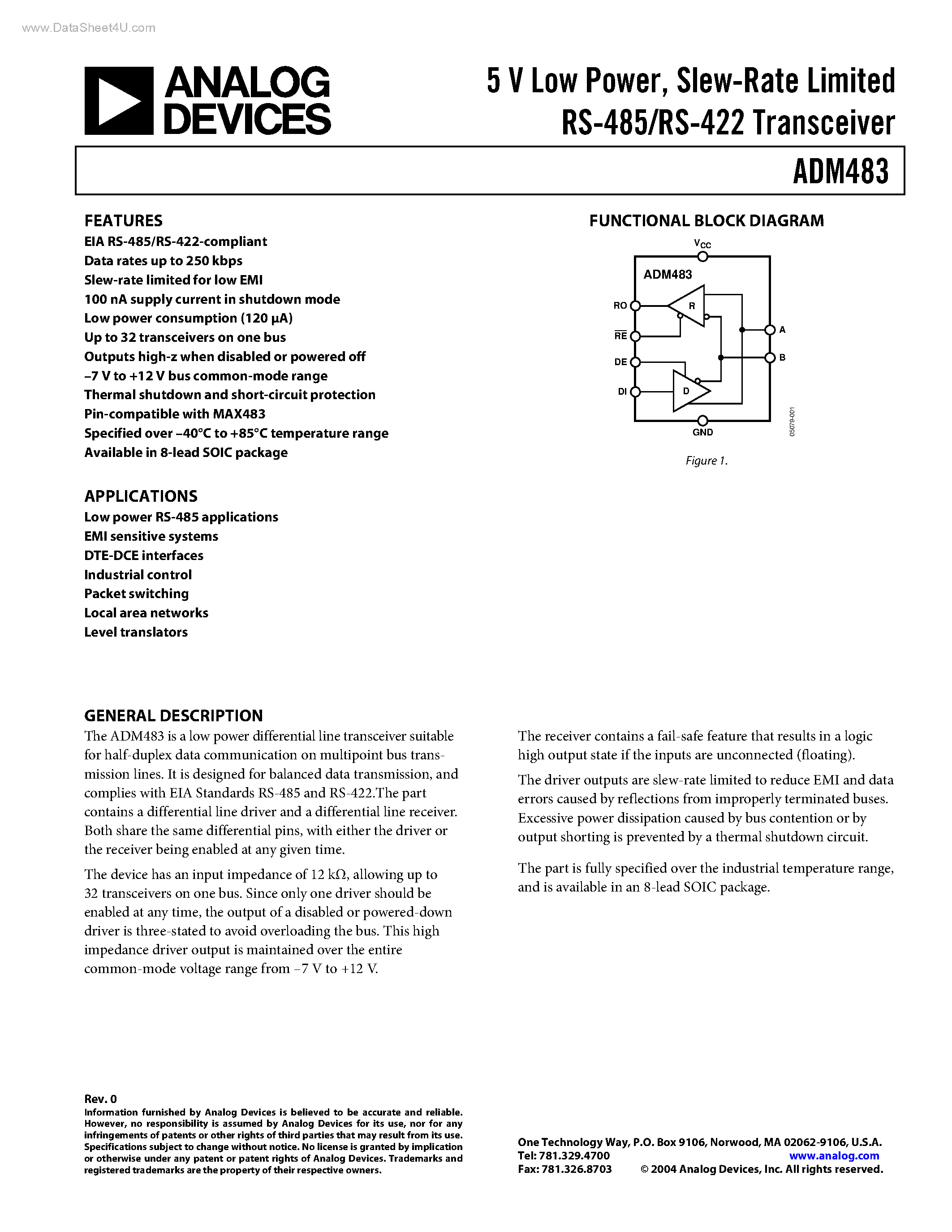 Datasheet ADM483 - Slew-Rate Limited RS-485/RS-422 Transceiver page 1