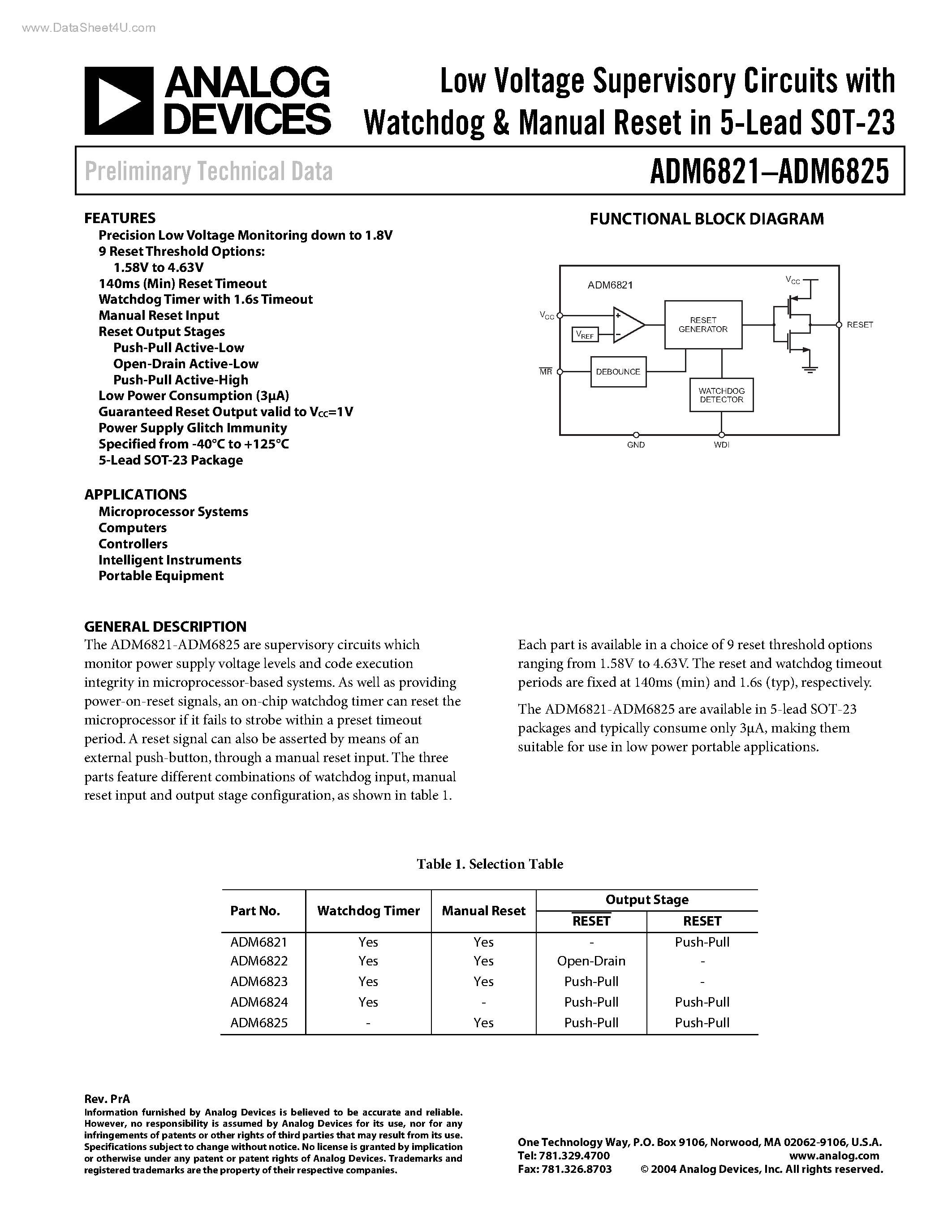 Даташит на микросхему ADM6821 страница 1 Даташит ADM6821 - (ADM6821 - ADM6825) Low Voltage Supervisory Circuits страница 1