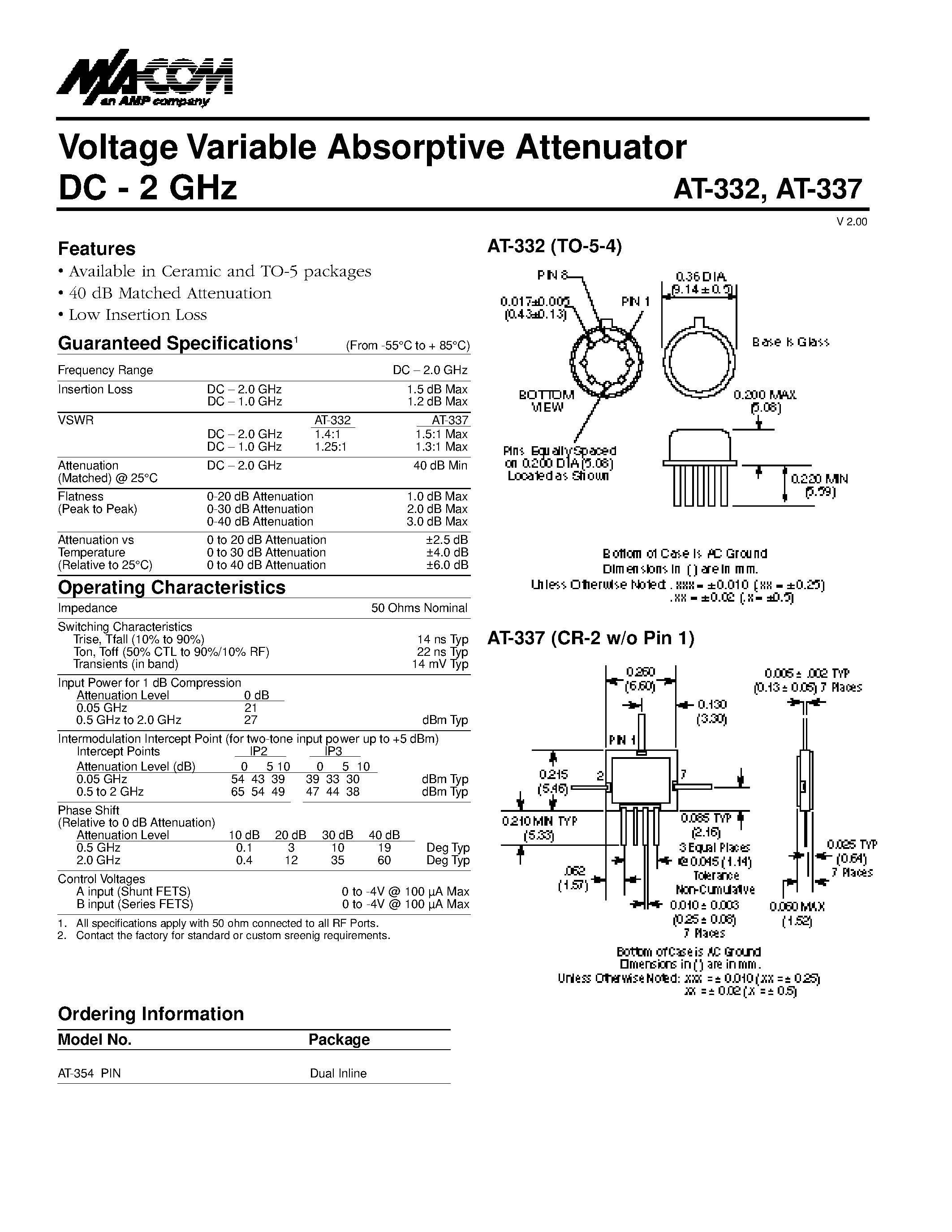 Даташит на микросхему AT-332 страница 1 Даташит AT-332 - (AT-332 / AT-337) Voltage Variable Absorptive Attenuator DC - 2 GHz страница 1