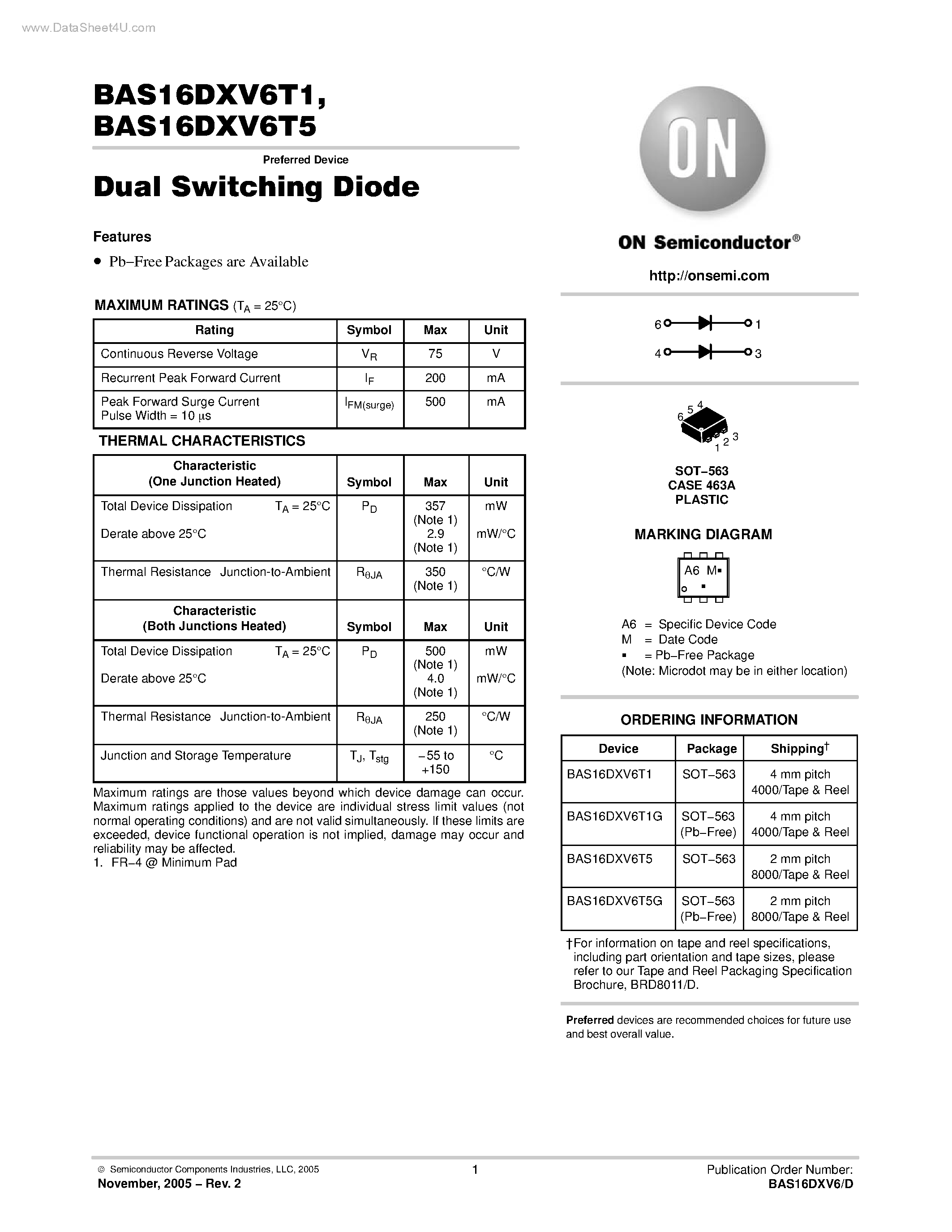 Datasheet BAS16DXV6T1 page 1 Datasheet BAS16DXV6T1 - (BAS16DXV6T1 / BAS16DXV6T5) Dual Switching Diode page 1