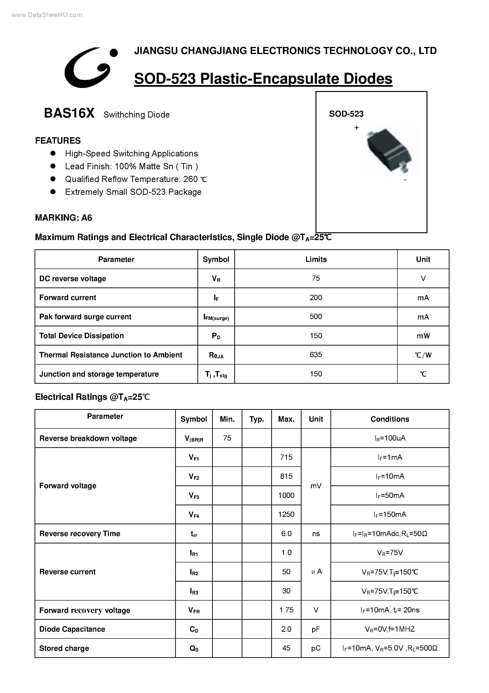 Datasheet BAS16X - Swithching Diode page 1
