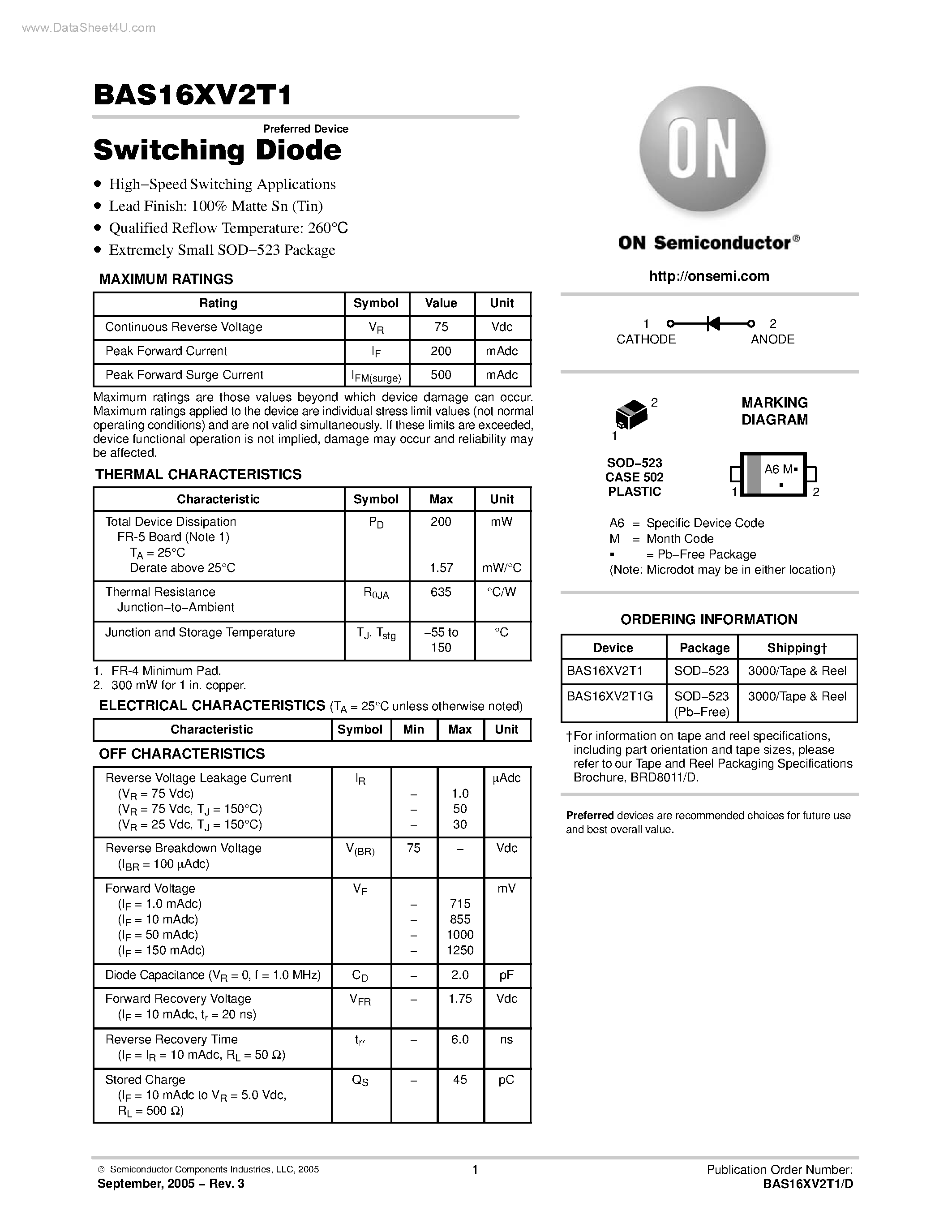Datasheet BAS16XV2T1 - Switching Diode page 1