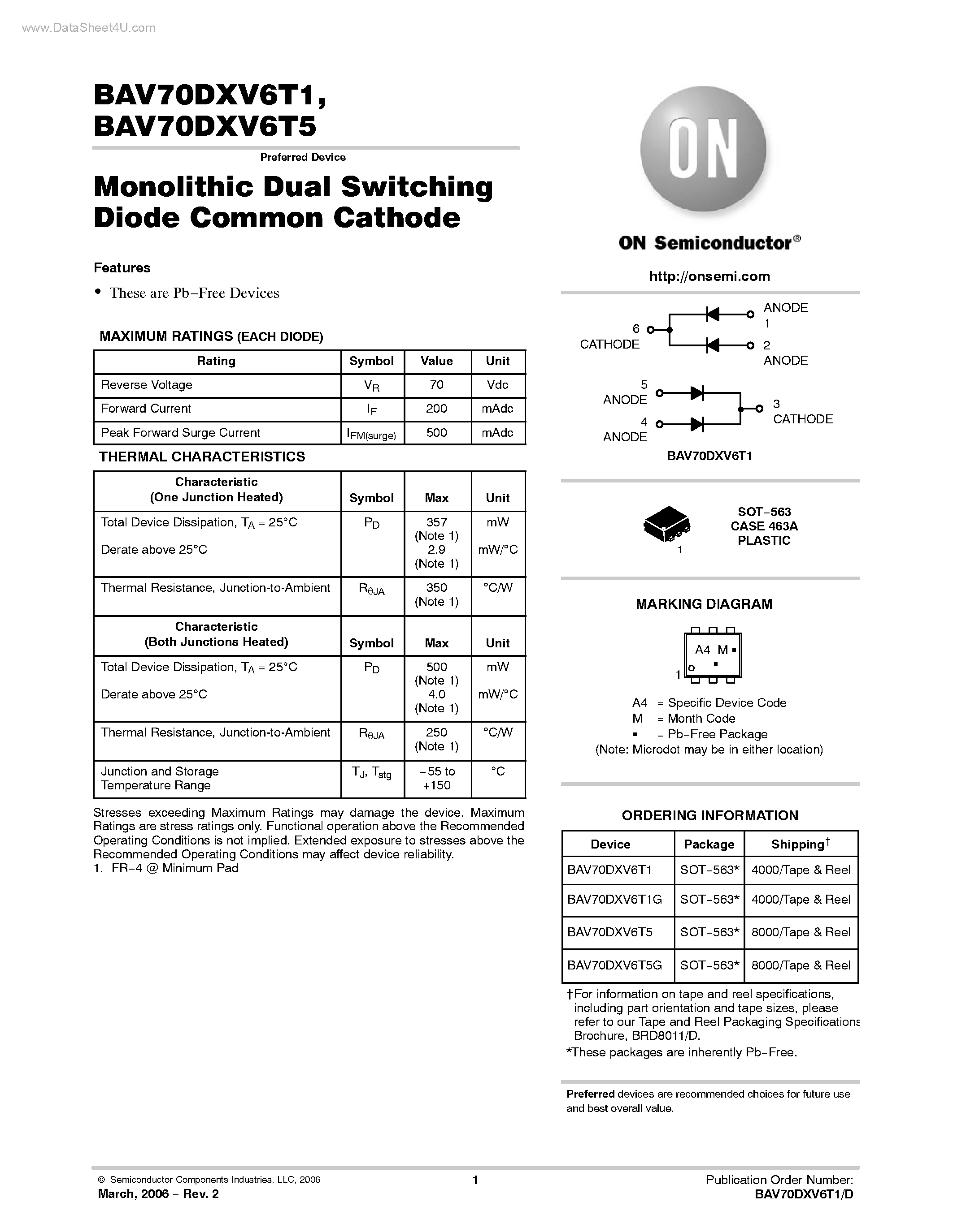 Datasheet BAV70DXV6T1 - (BAV70DXV6T1 / BAV70DXV6T5) Monolithic Dual Switching Diode Common Cathode page 1