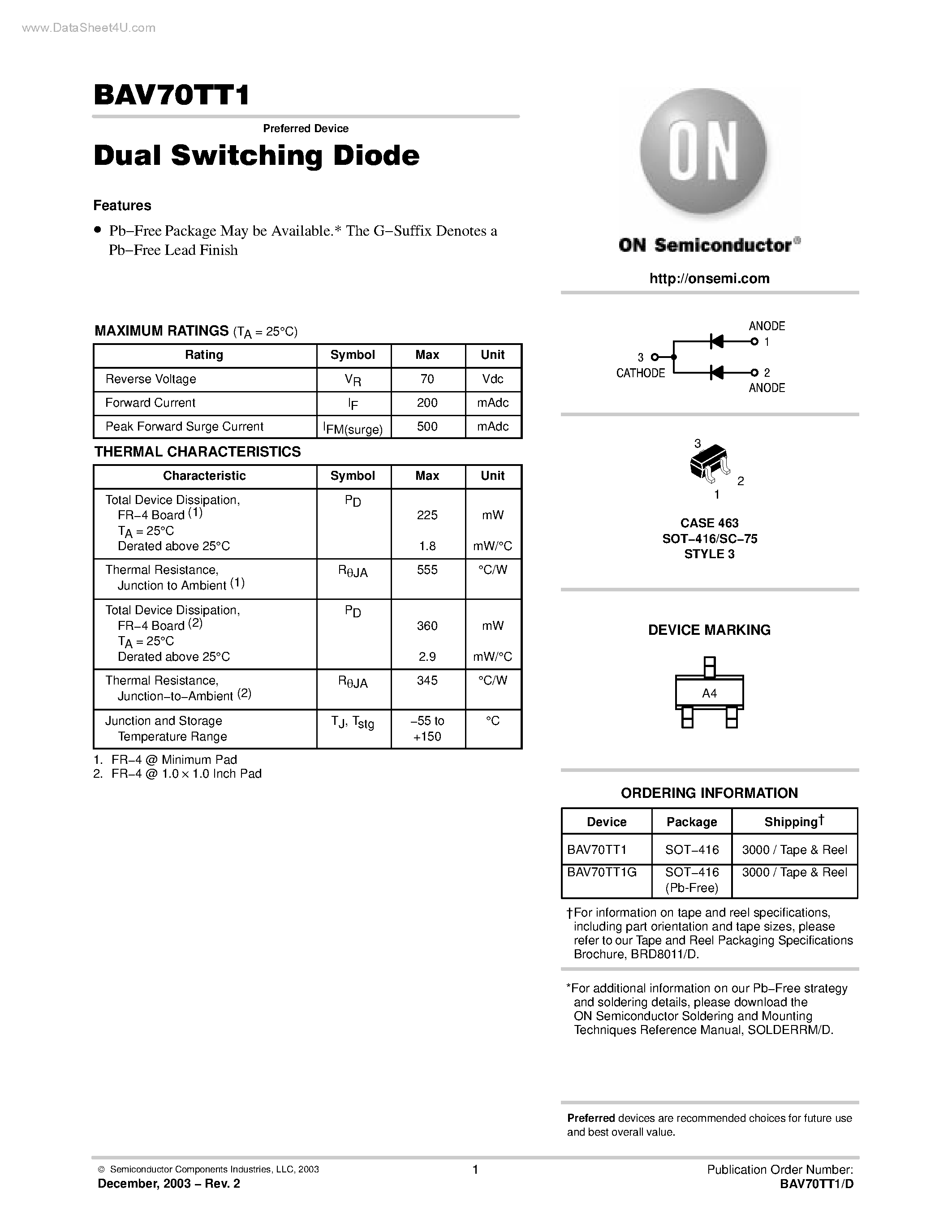 Datasheet BAV70TT1 - Dual Switching Diode page 1