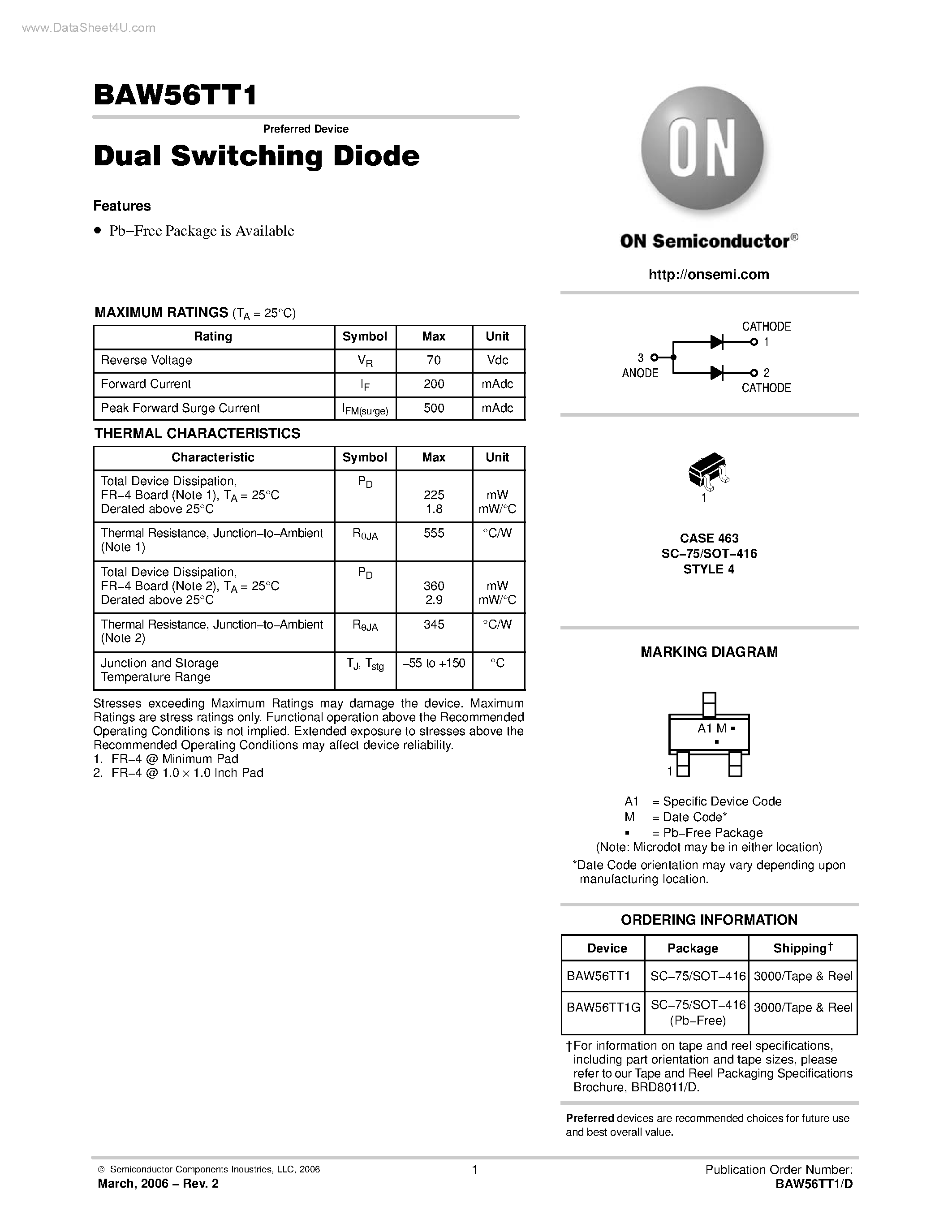 Datasheet BAV56TT1 page 1 Datasheet BAV56TT1 - Dual Switching Diode page 1