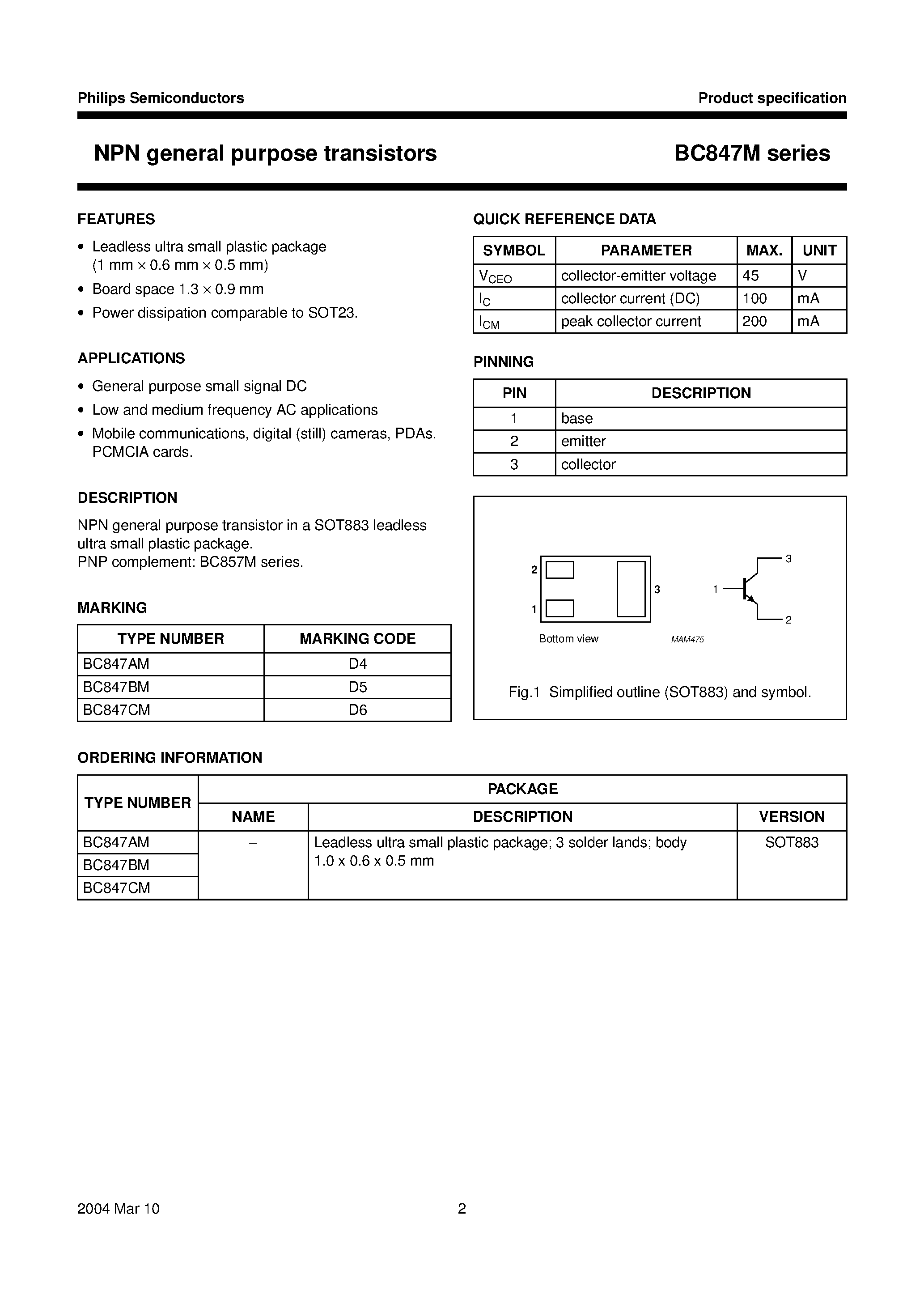 Даташит BC847BM - NPN general purpose transistors страница 2
