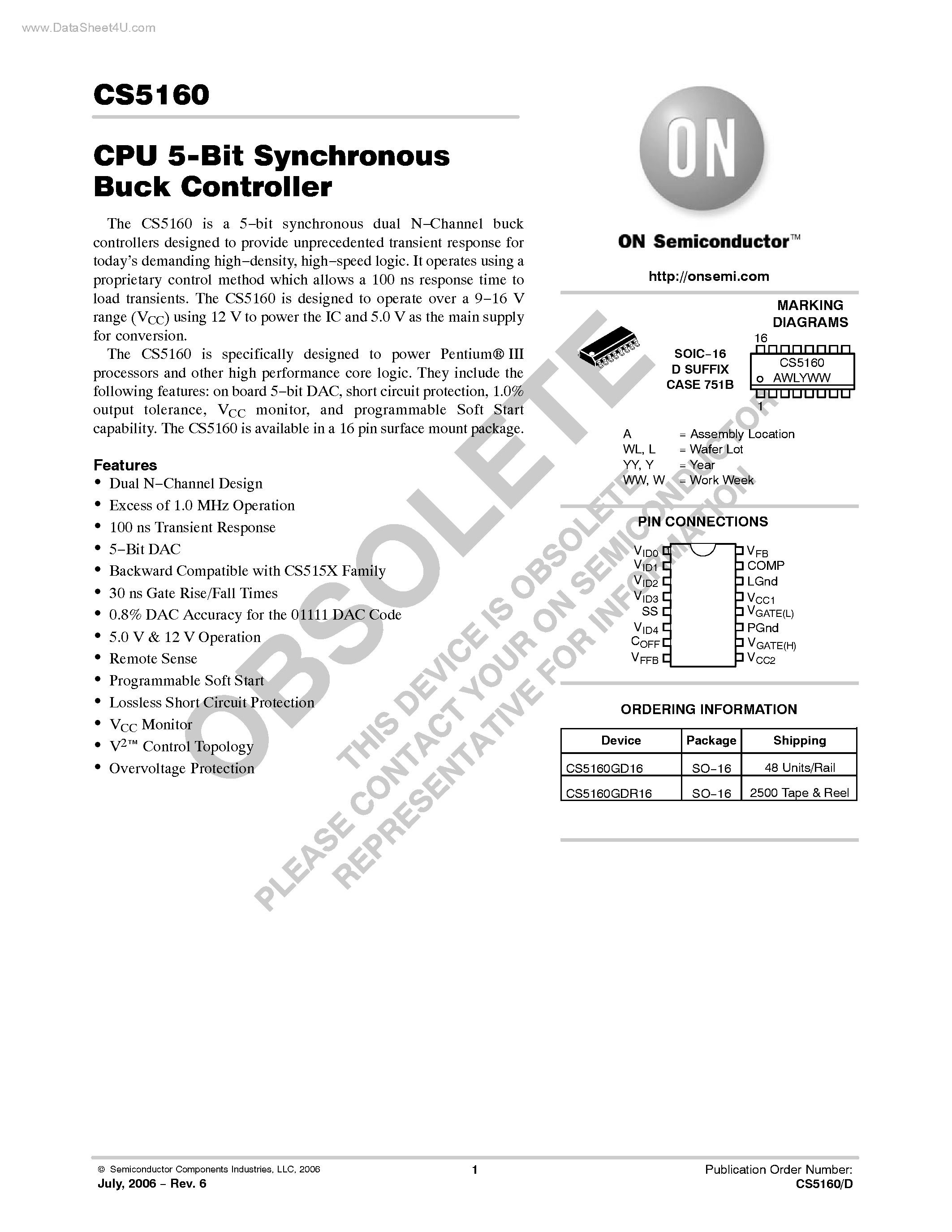 Даташит CS5160 - CPU 5-Bit Synchronous Buck Controller страница 1