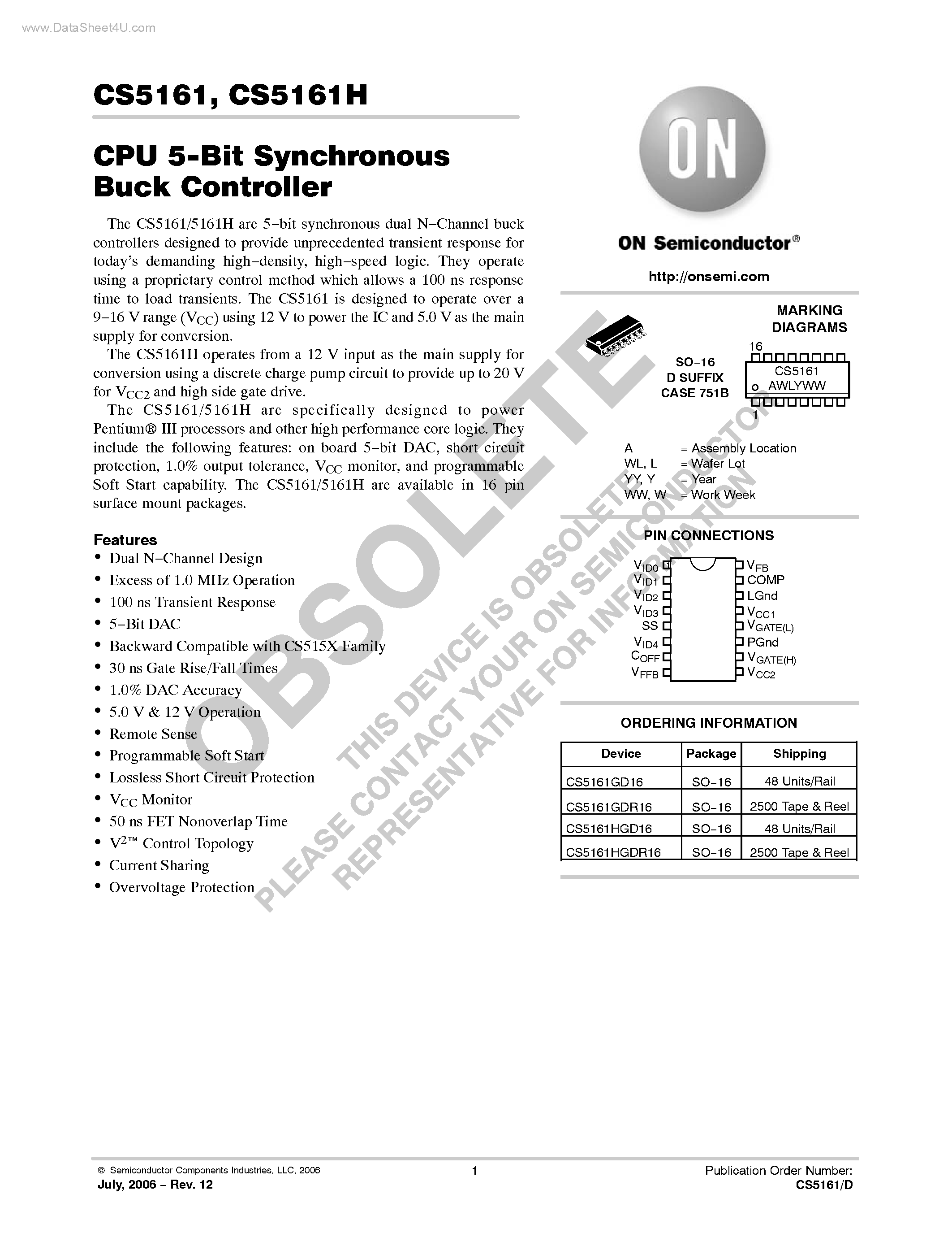 Datasheet CS5161 - CPU 5-Bit Synchronous Buck Controller page 1