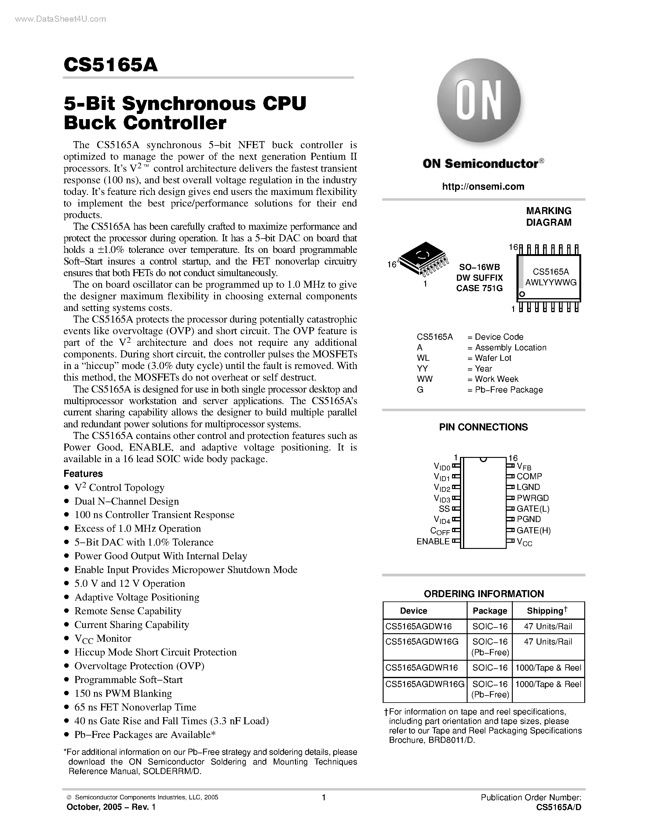 Datasheet CS5165A - 5-Bit Synchronous CPU Buck Controller page 1