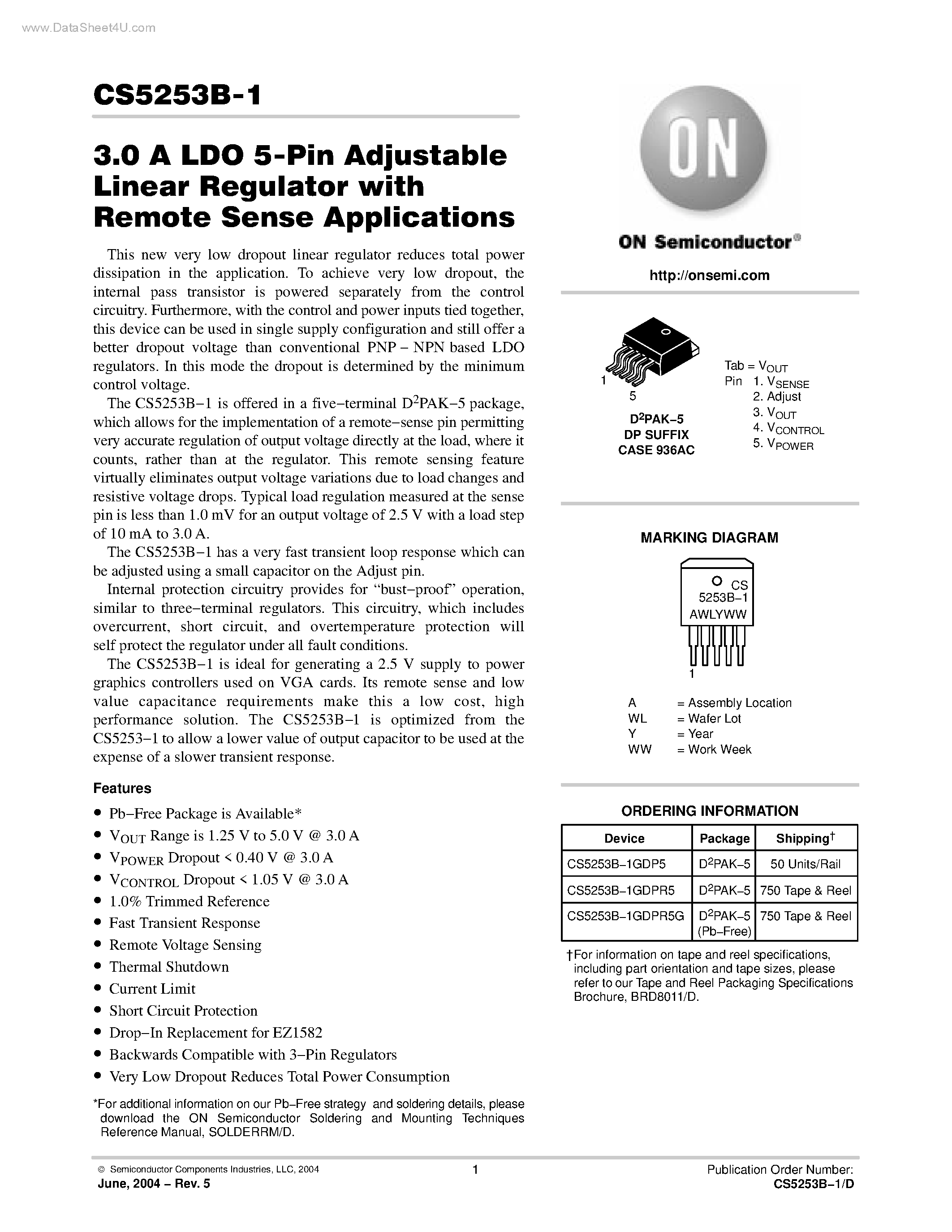 Datasheet CS5253B-1 - LDO 5-Pin Adjustable Linear Regulator page 1