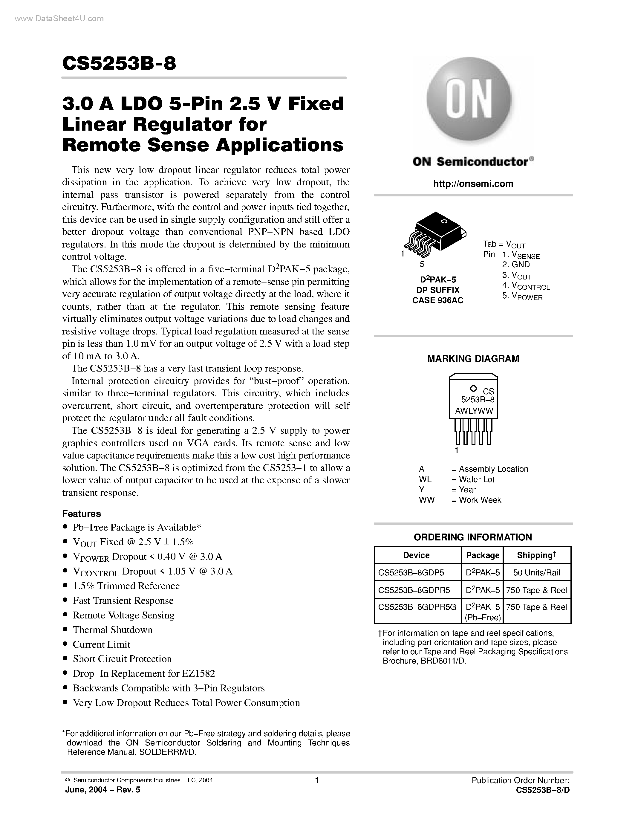 Datasheet CS5253B-8 - LDO 5-Pin Adjustable Linear Regulator page 1