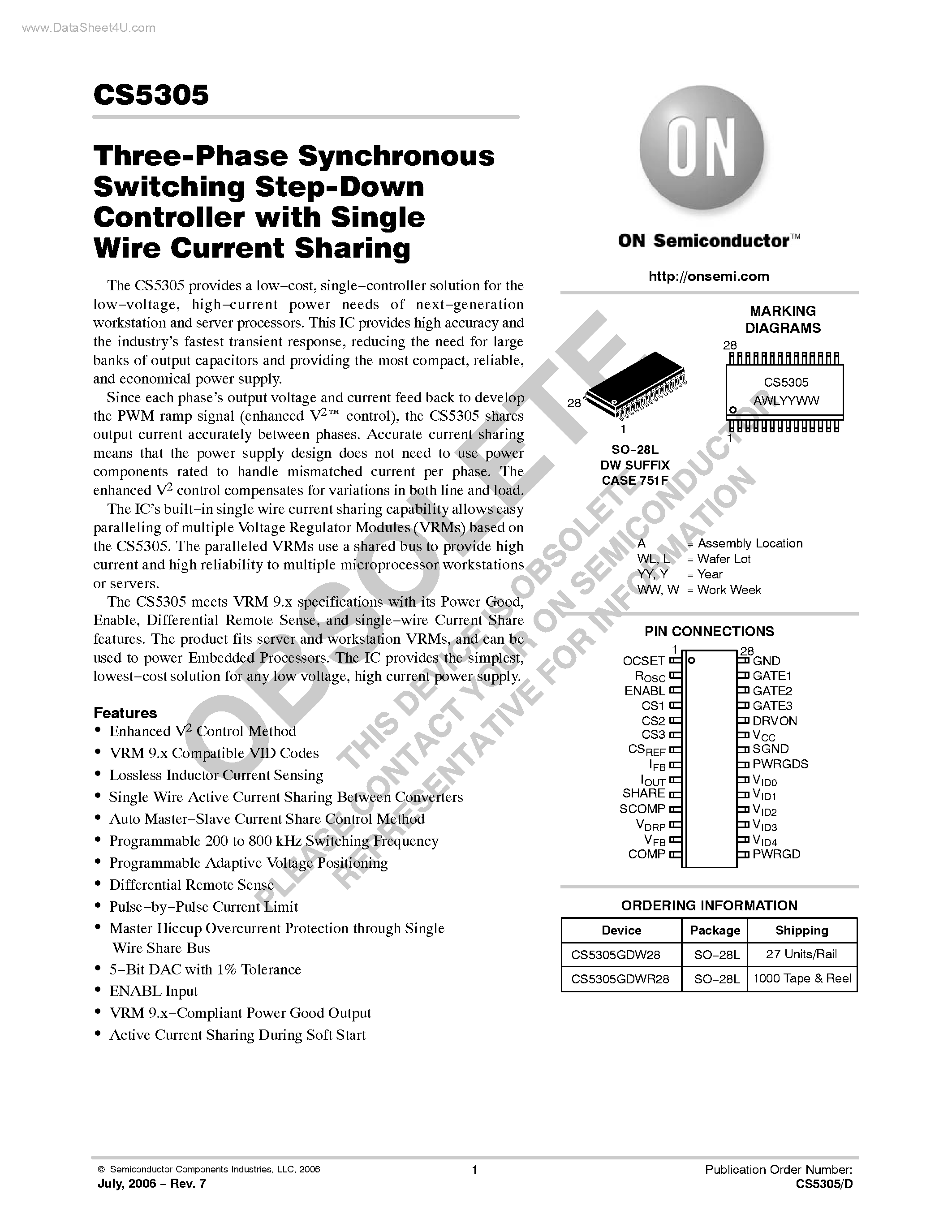 Даташит CS5305 - Three-Phase Synchronous Switching Step-Down Controller страница 1