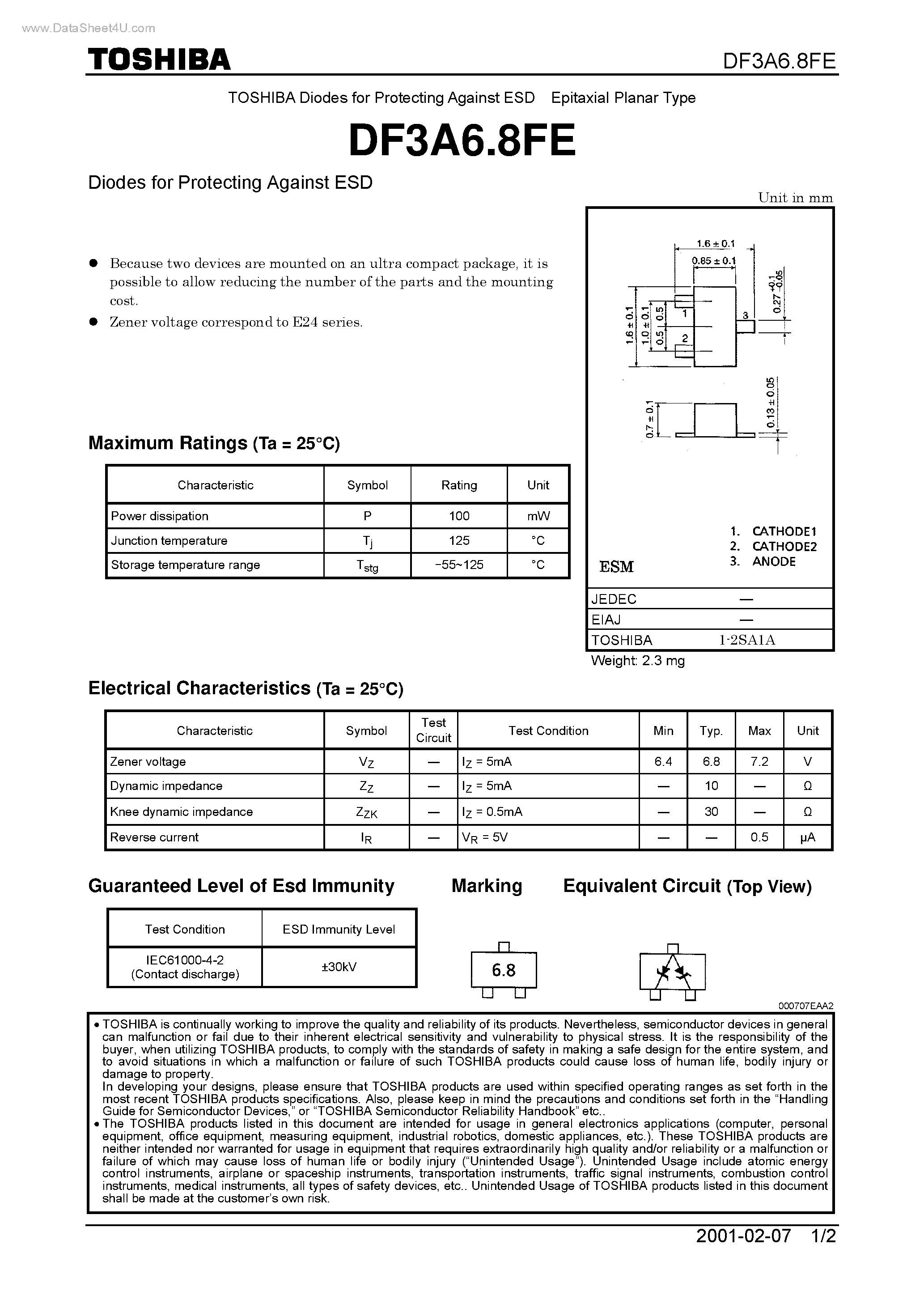 Даташит на микросхему DF3A6.8FE страница 1 Даташит DF3A6.8FE - Diodes страница 1
