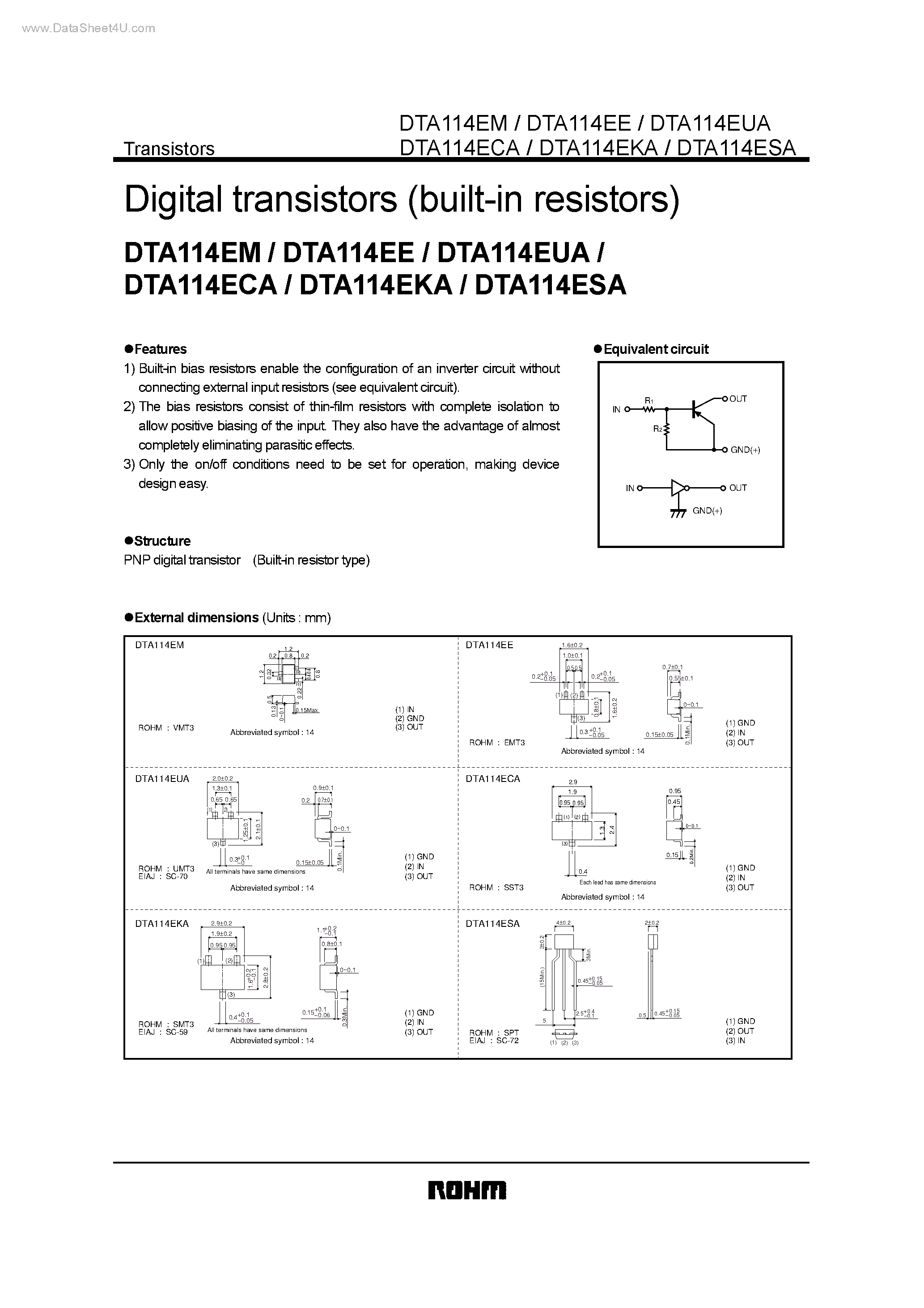 Даташит DTA114ECA - Digital transistors страница 1