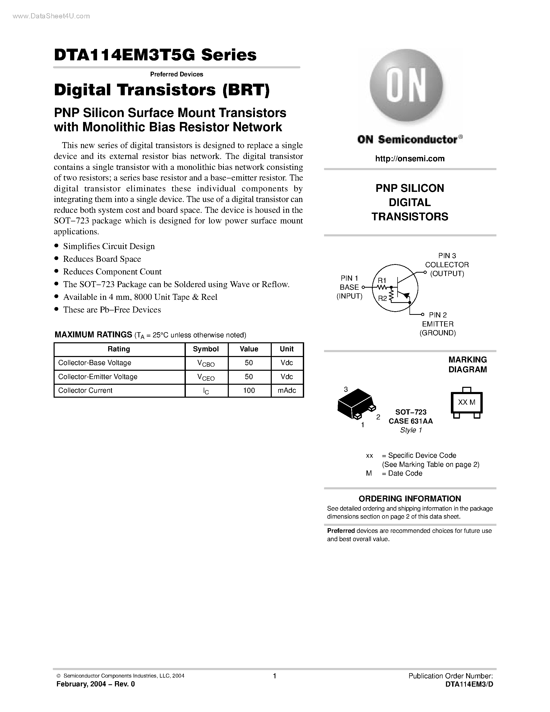 Datasheet DTA114EM3T5G - Digital Transistors (BRT) PNP Silicon Surface Mount Transistors page 1