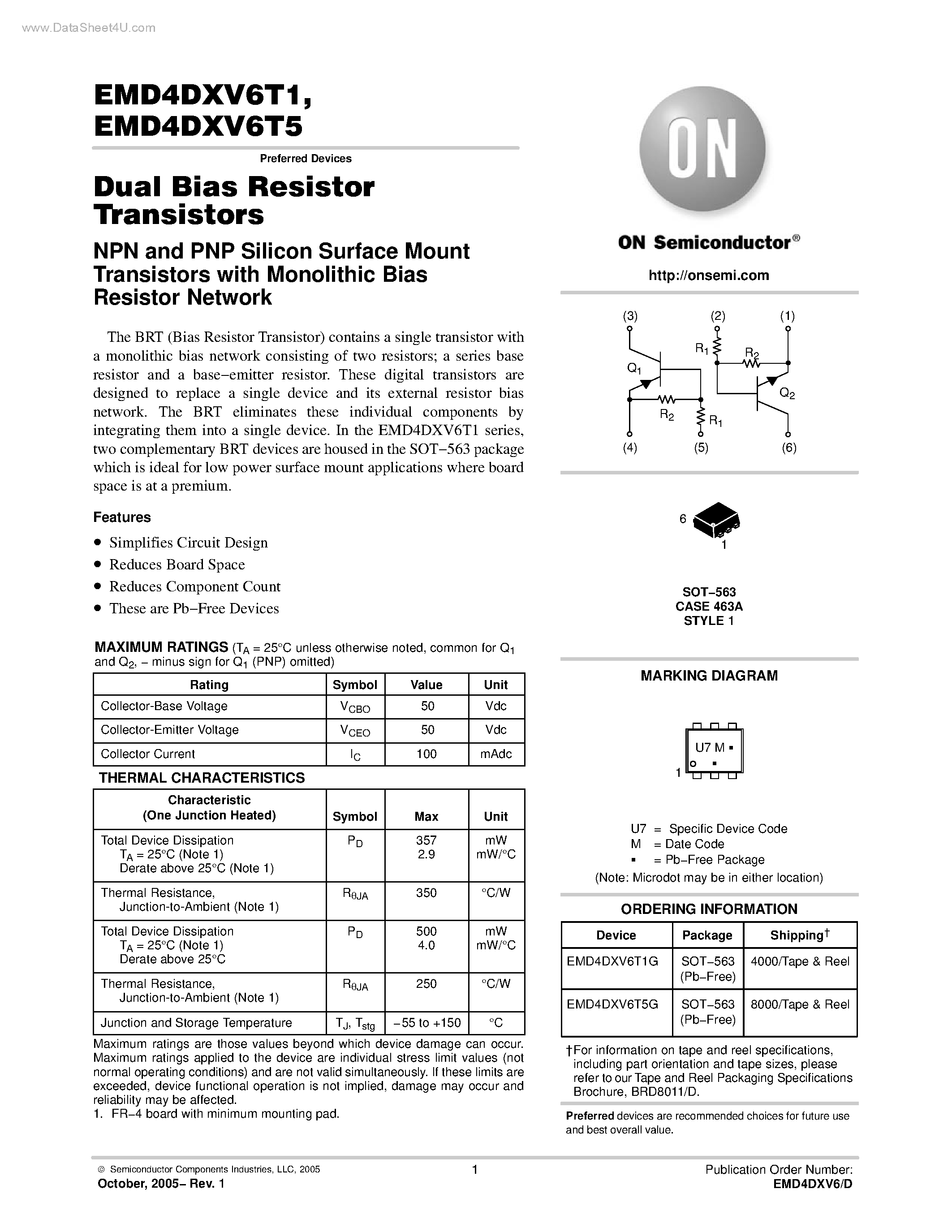 Datasheet EMD4DXV6T1 - (EMD4DXV6T1 / EMD4DXV6T5) Dual Bias Resistor Transistors NPN and PNP Silicon Surface Mount Transistors page 1