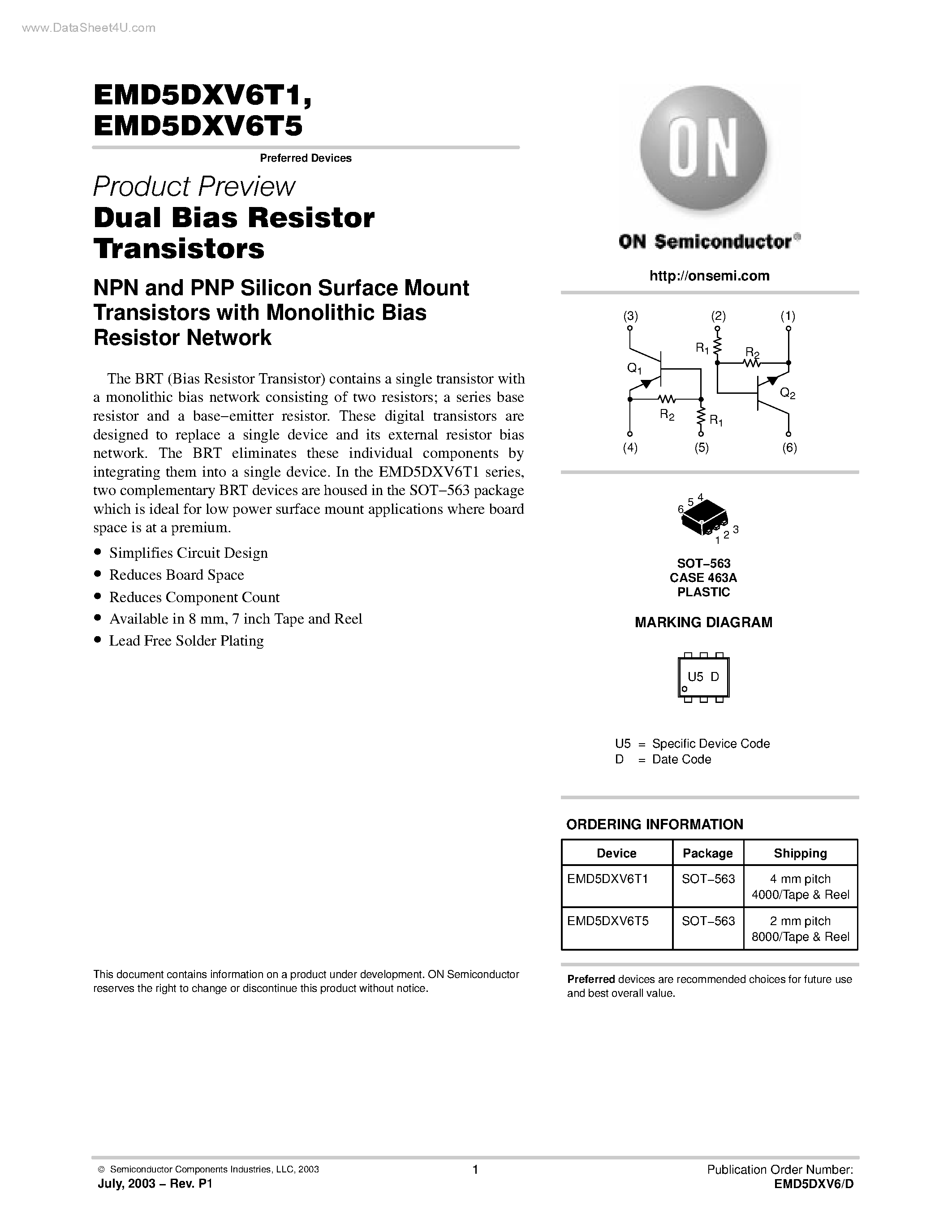Даташит EMD5DXV6T1 - (EMD5DXV6T1 / EMD5DXV6T5) Dual Bias Resistor Transistors страница 1