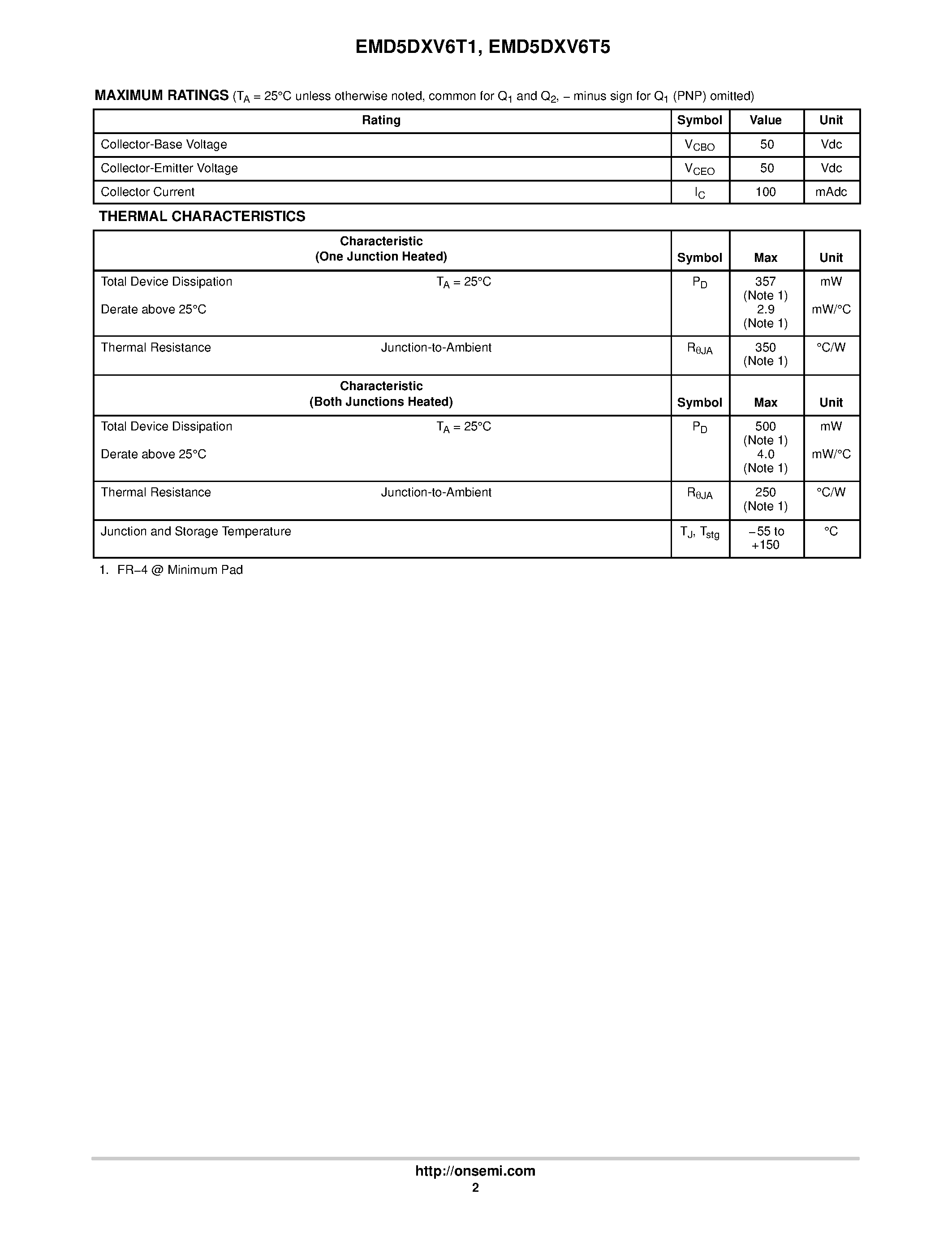 Даташит EMD5DXV6T1 - (EMD5DXV6T1 / EMD5DXV6T5) Dual Bias Resistor Transistors страница 2